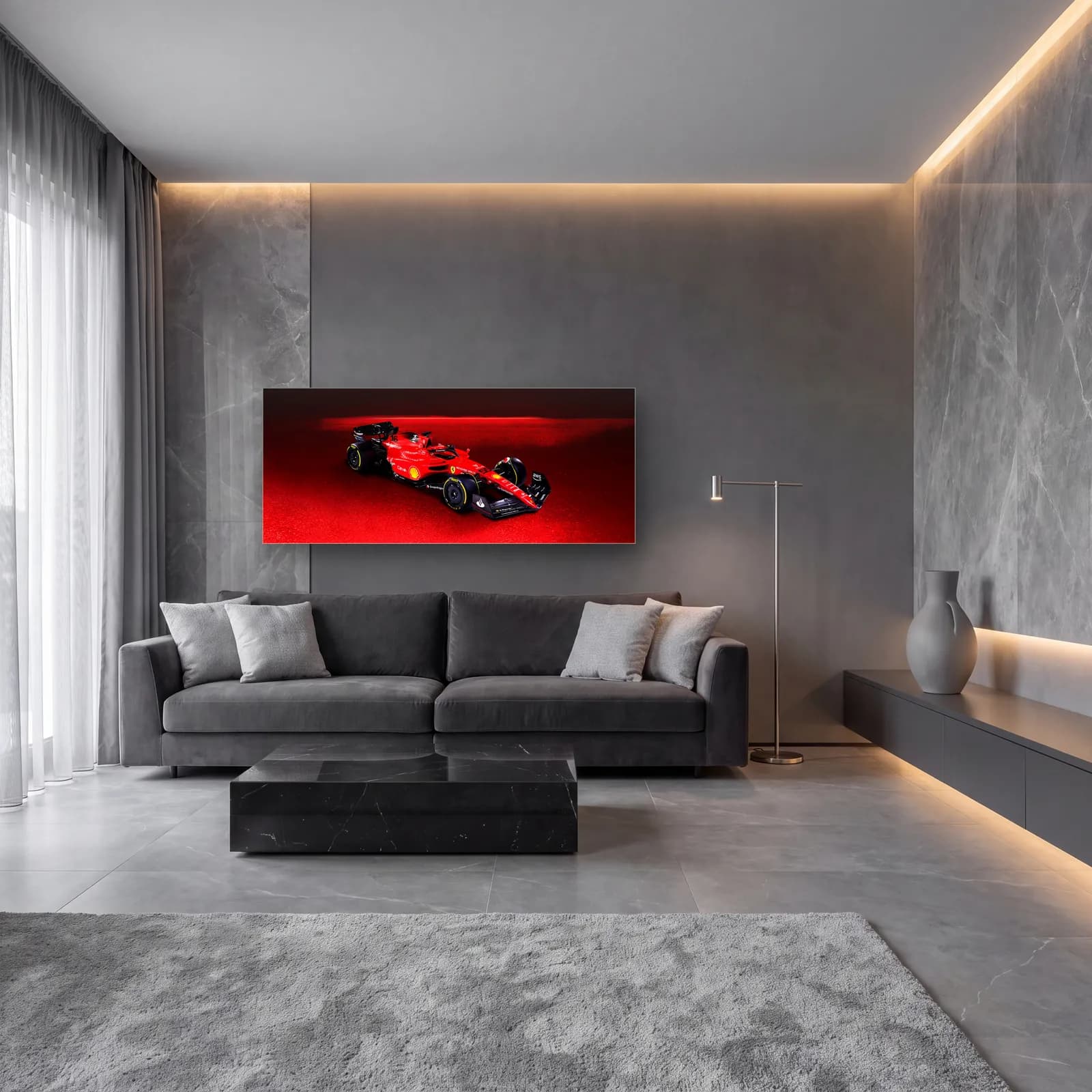 Kırmızı Dumanda Ferrari F1 cam tablo — lüks salon duvarında