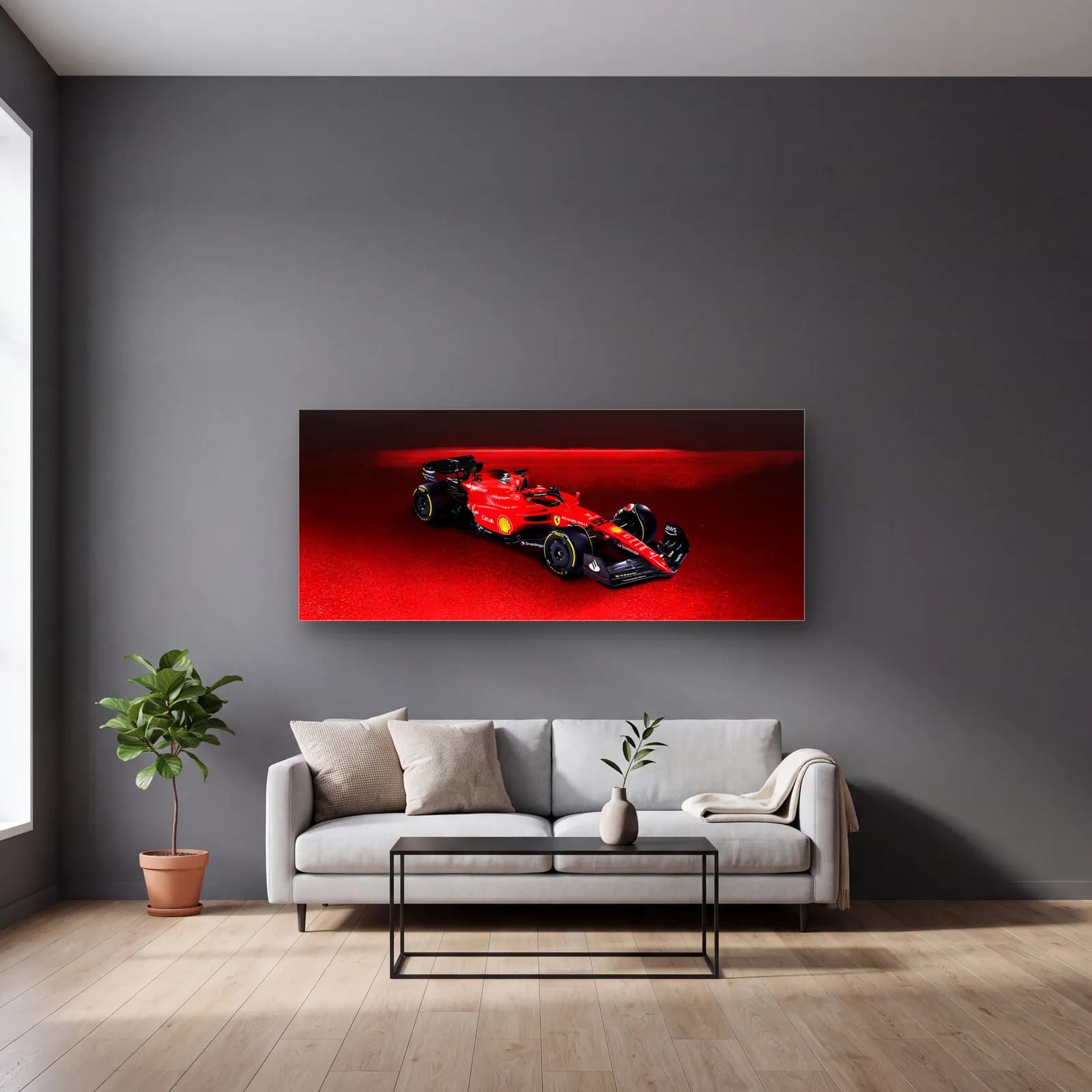 Kırmızı Dumanda Ferrari F1 cam tablo — gri duvarlı salonda