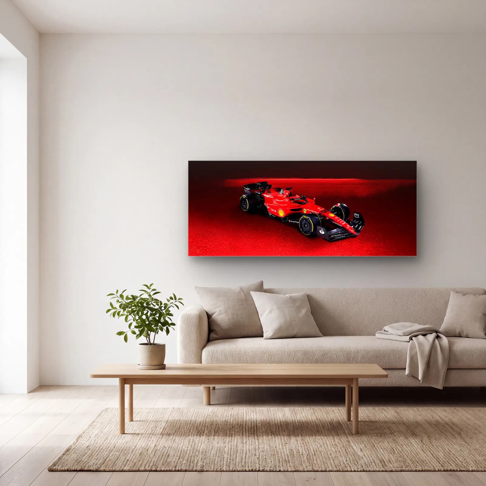 Kırmızı Dumanda Ferrari F1 cam tablo — açık renk salonda