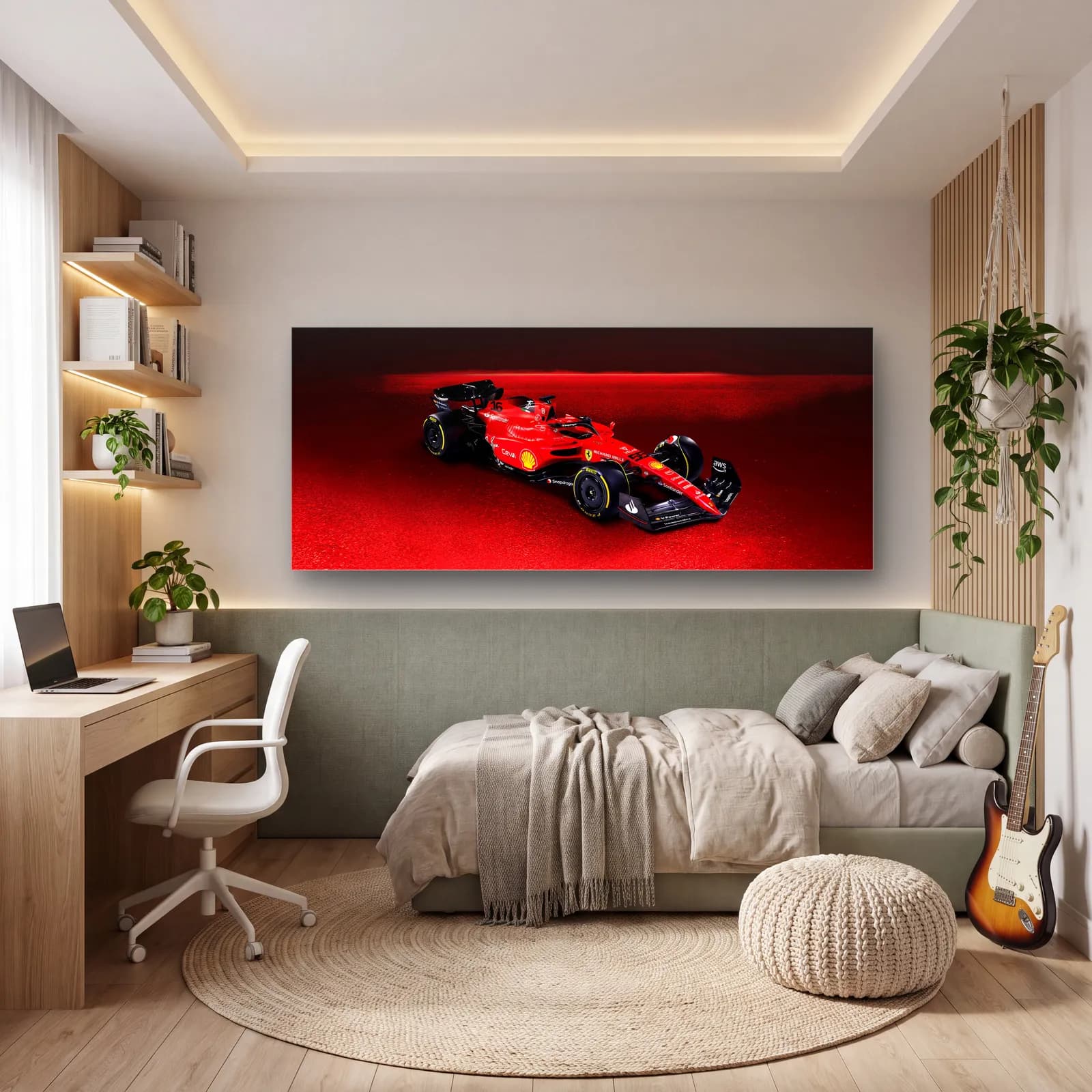 Kırmızı Dumanda Ferrari F1 cam tablo — genç odasında