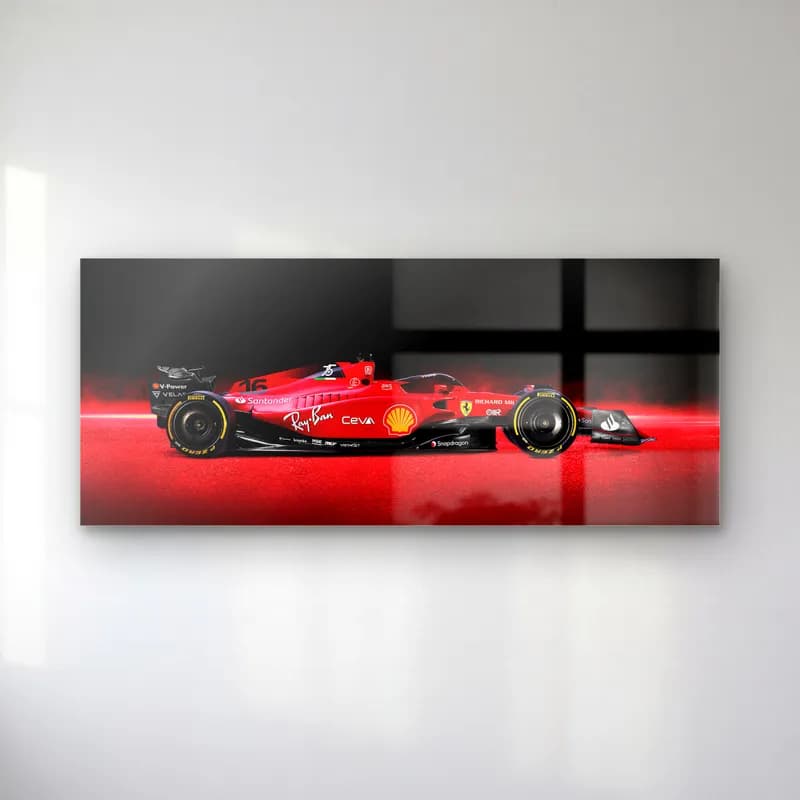 Hız Çizgili Ferrari F1 Profil cam tablo — Kırmızı hız çizgileri önünde yandan görülen Ferrari F1 aracı