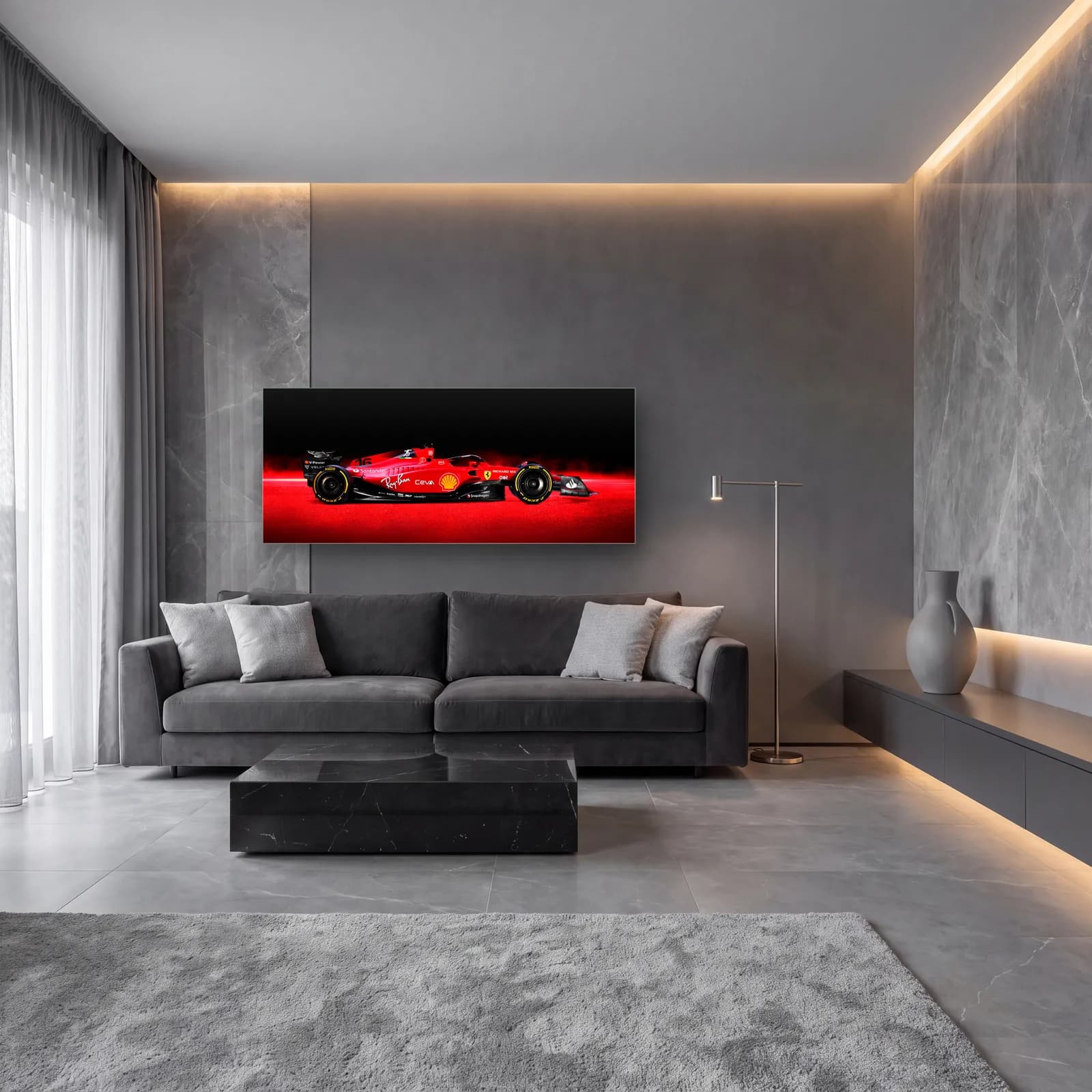 Hız Çizgili Ferrari F1 Profil cam tablo — lüks salon duvarında