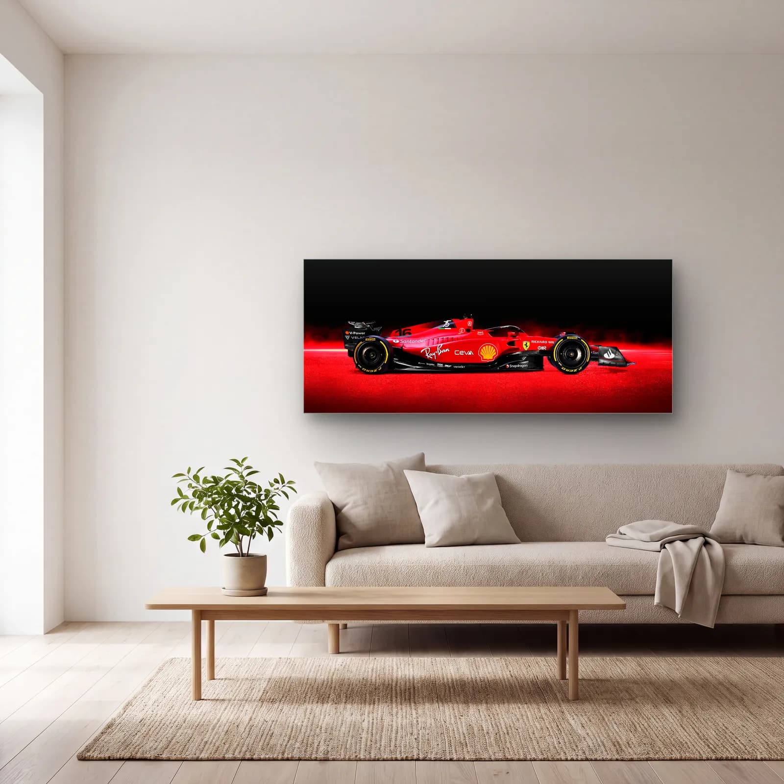 Hız Çizgili Ferrari F1 Profil cam tablo — açık renk salonda