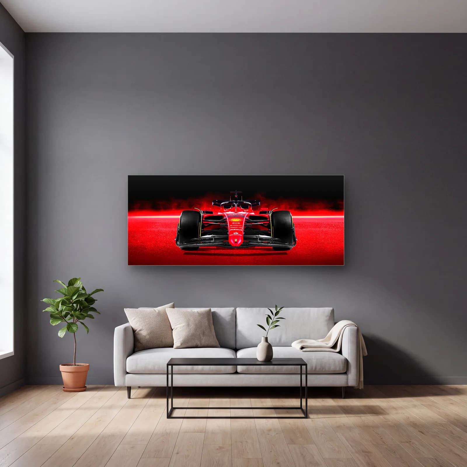 Önden Ferrari F1 Kırmızı Işık cam tablo — gri duvarlı salonda