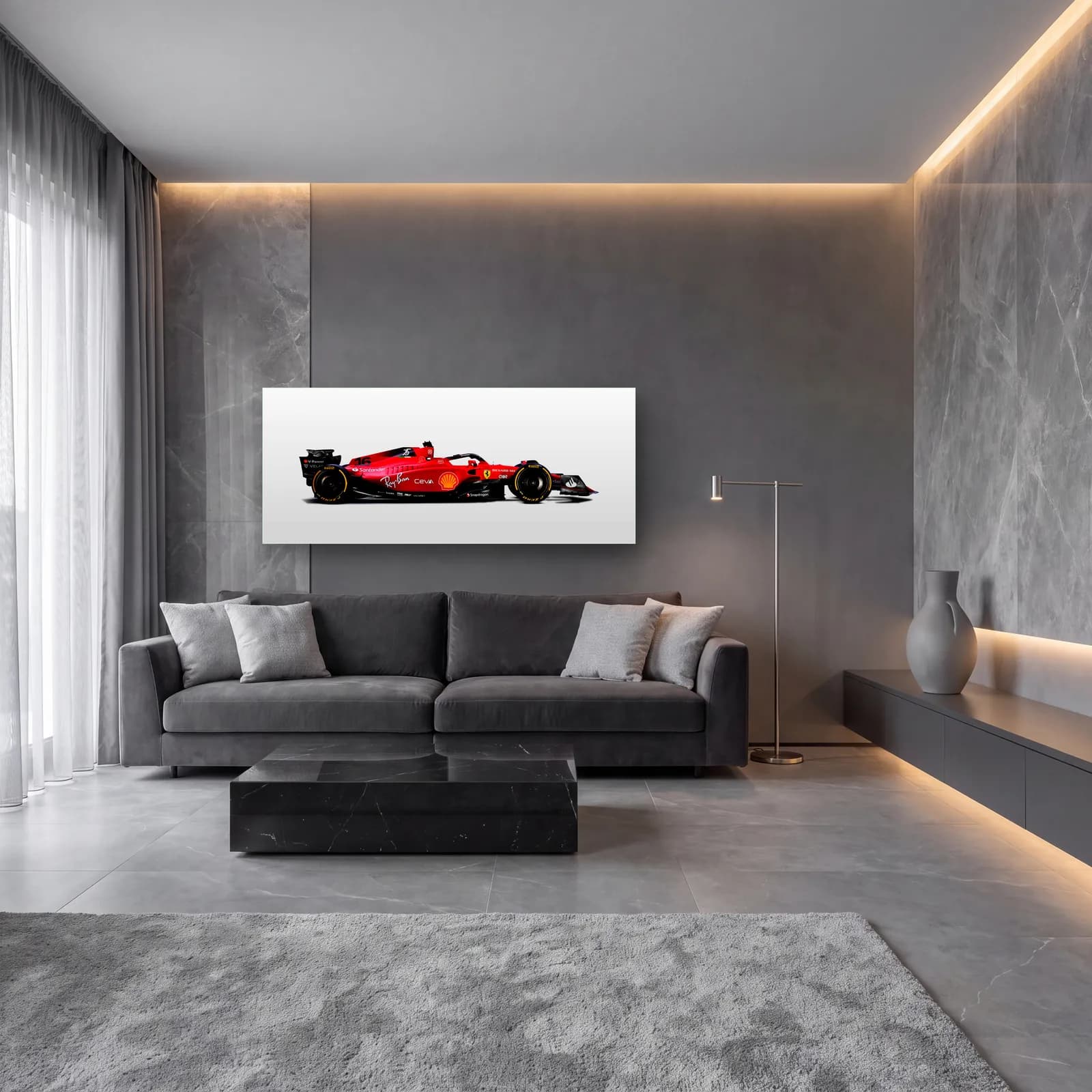 Beyaz Zeminde Ferrari F1 Profil cam tablo — lüks salon duvarında