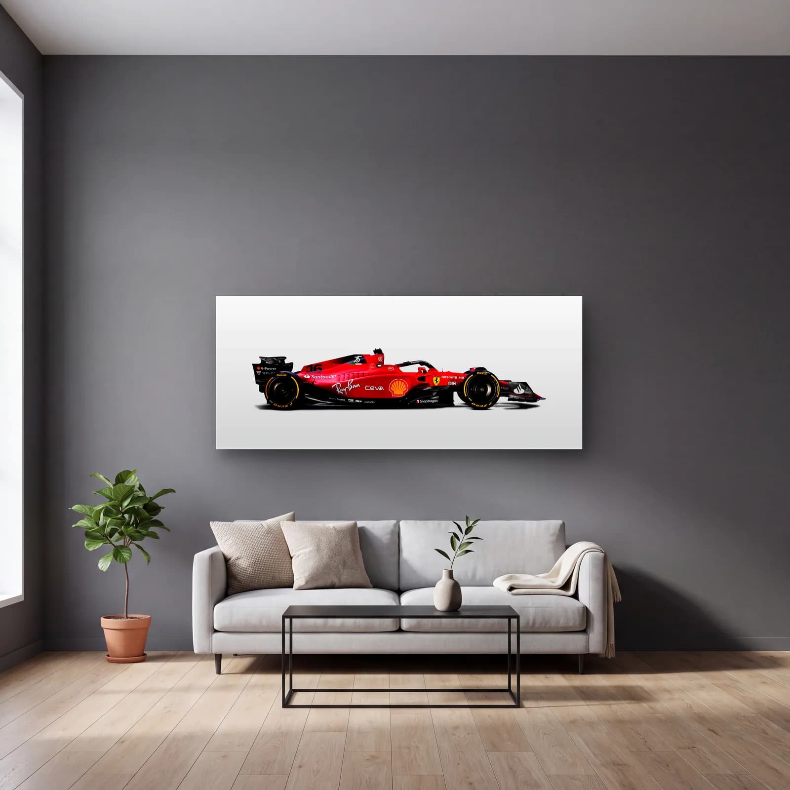 Beyaz Zeminde Ferrari F1 Profil cam tablo — gri duvarlı salonda
