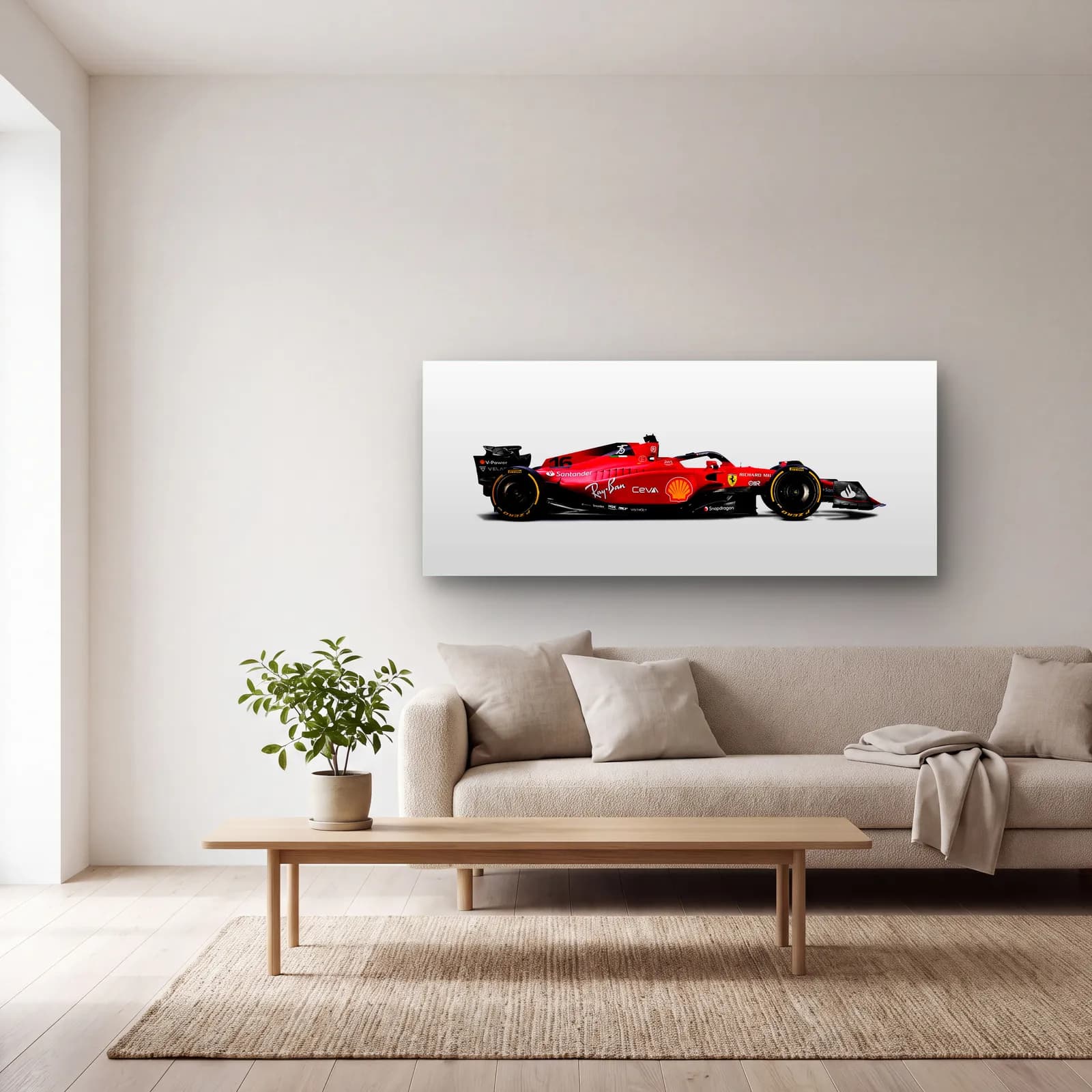 Beyaz Zeminde Ferrari F1 Profil cam tablo — açık renk salonda