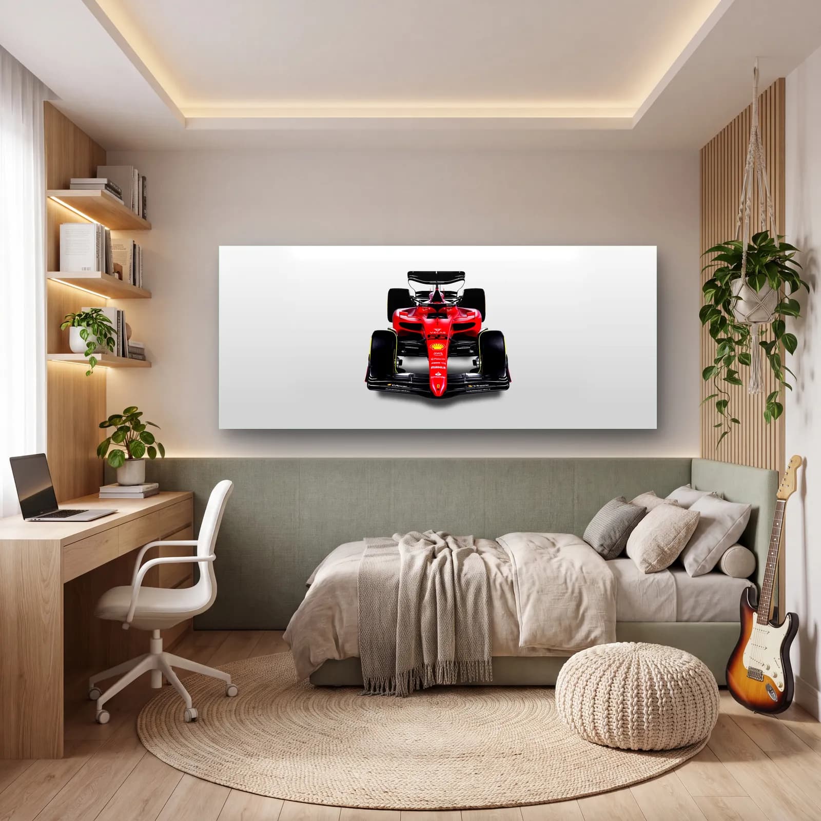 Beyaz Zeminde Önden Ferrari F1 cam tablo — genç odasında