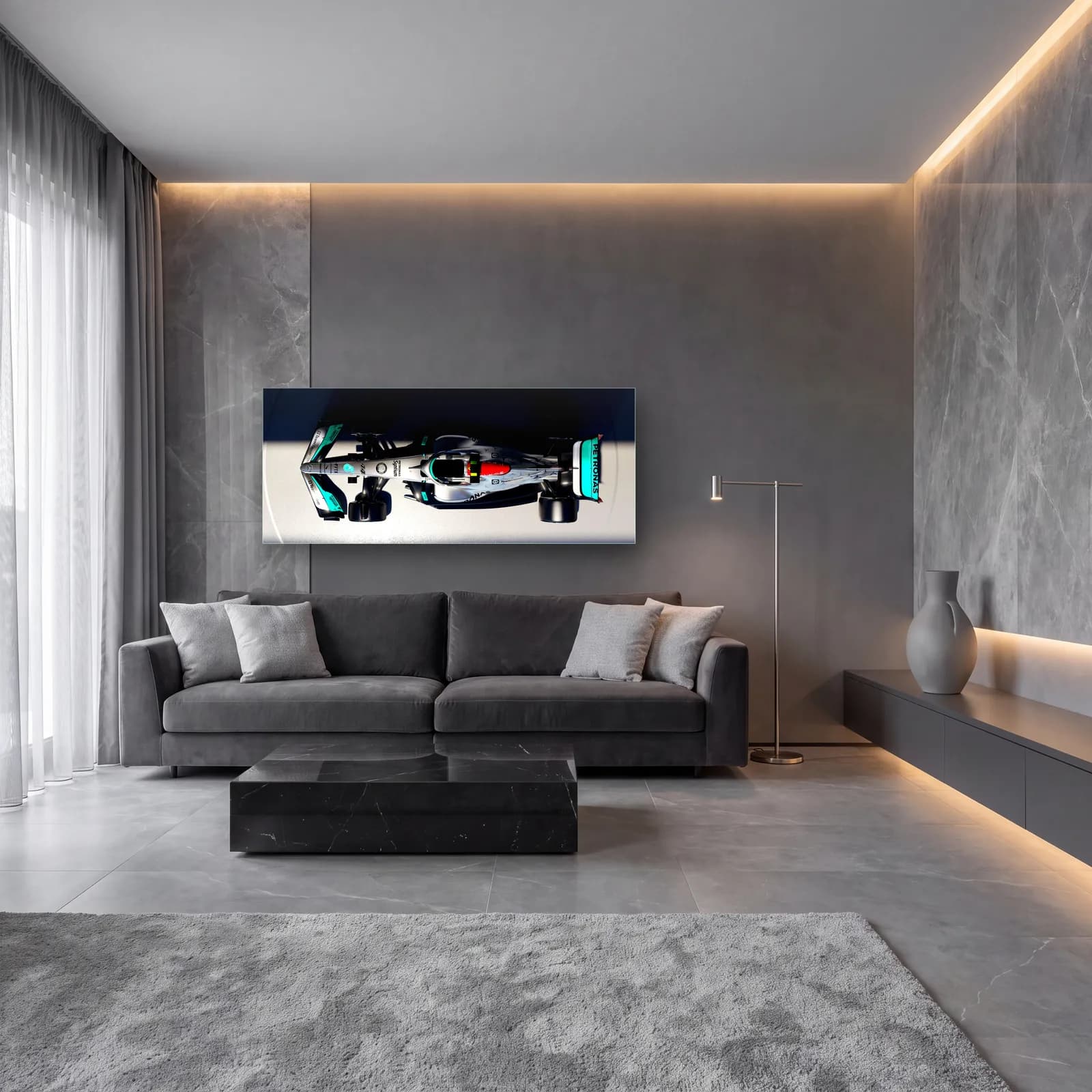 Kuşbakışı Mercedes F1 Aracı cam tablo — lüks salon duvarında