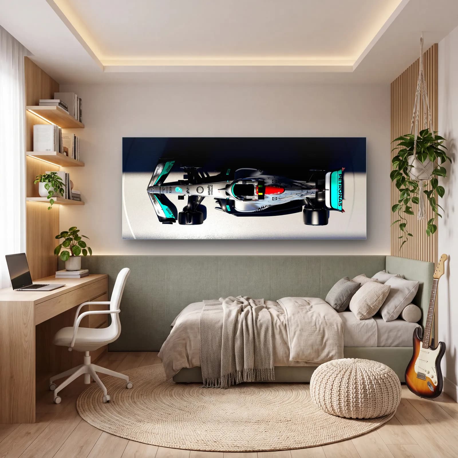 Kuşbakışı Mercedes F1 Aracı cam tablo — genç odasında