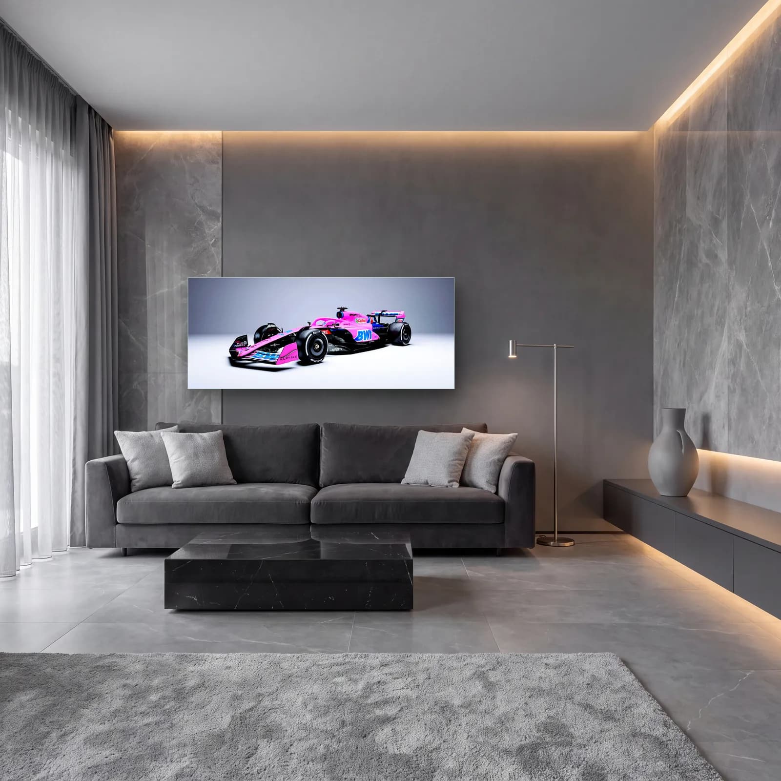 Pembe Alpine F1 Açılı Görünüm cam tablo — lüks salon duvarında