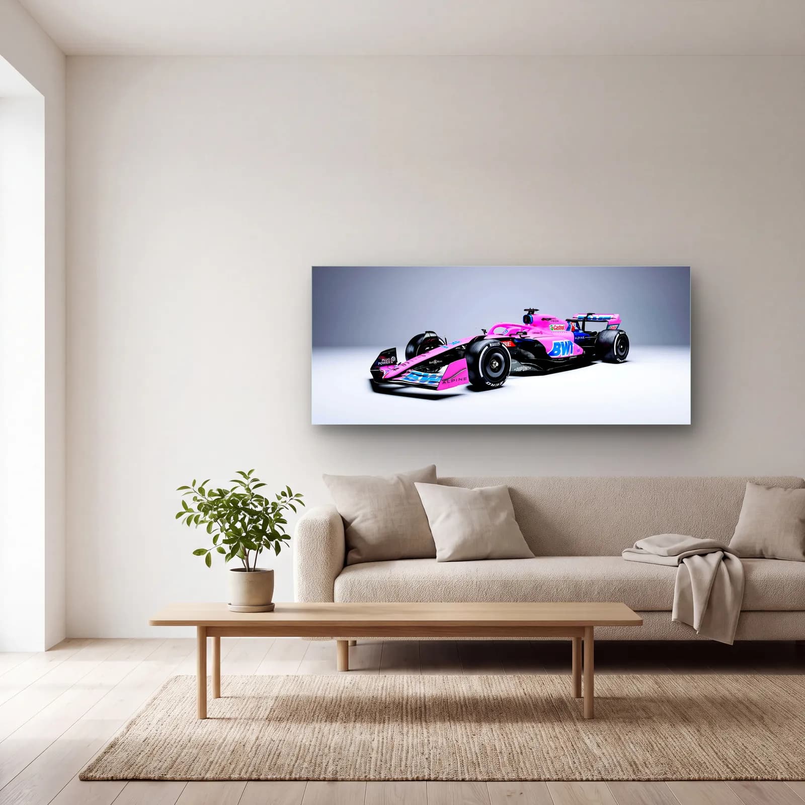 Pembe Alpine F1 Açılı Görünüm cam tablo — açık renk salonda