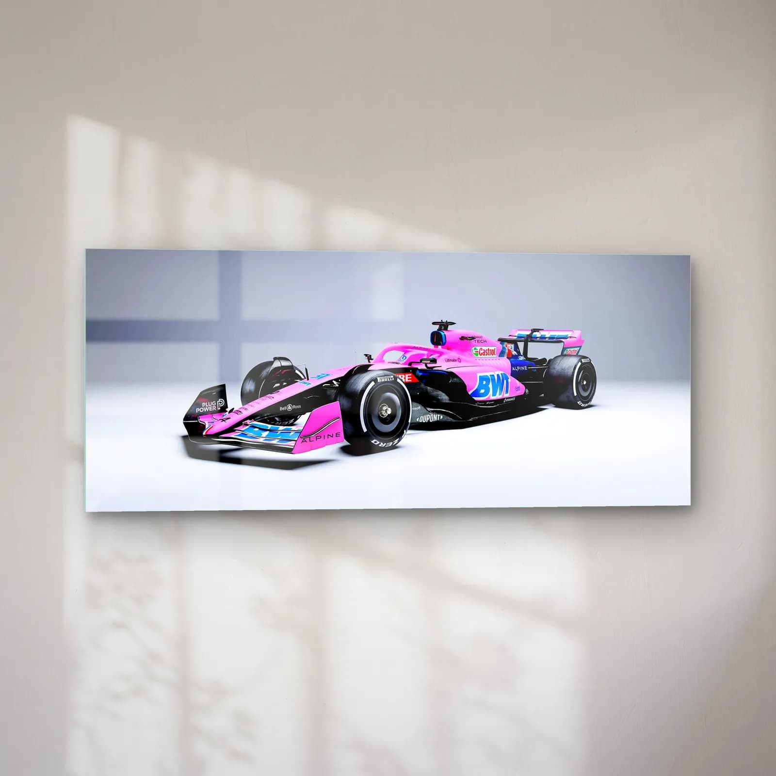 Pembe Alpine F1 Açılı Görünüm cam tablo — sol açıdan görünüm