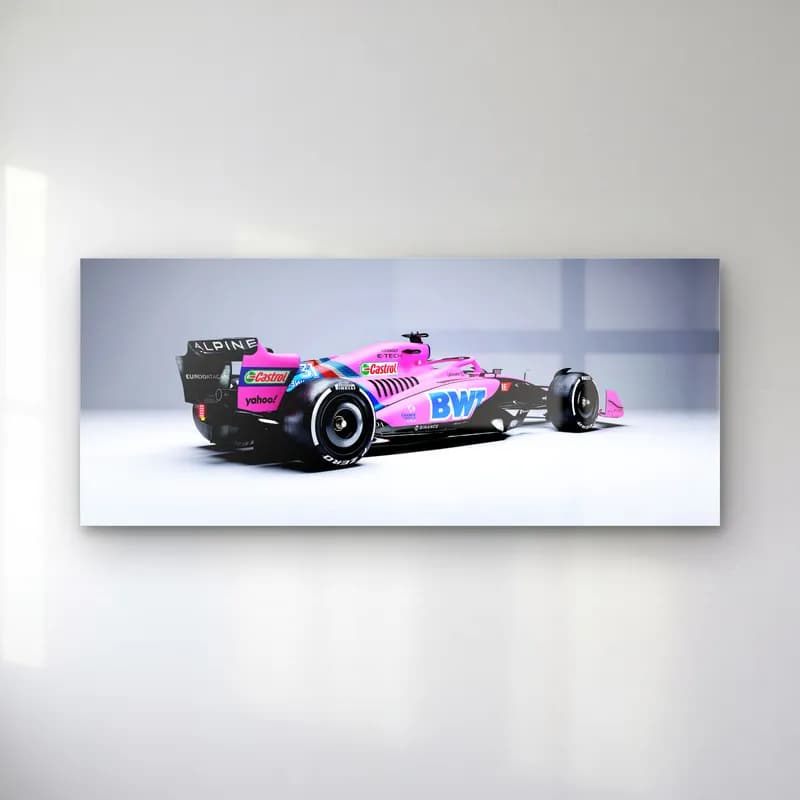 Stüdyoda Pembe Alpine F1 cam tablo — Beyaz stüdyoda açılı duran pembe ve mavi Alpine F1 aracı