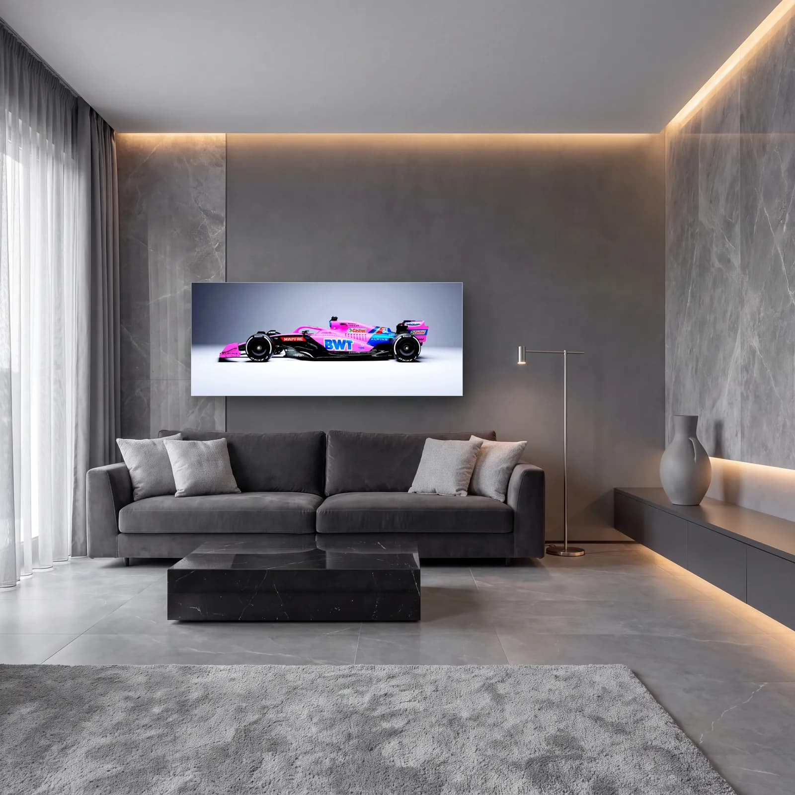Pembe Alpine F1 Yan Profil cam tablo — lüks salon duvarında