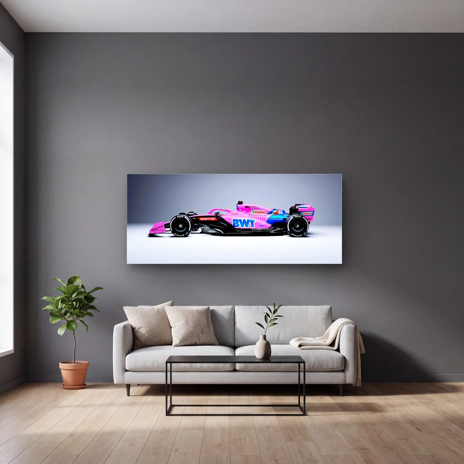 Pembe Alpine F1 Yan Profil cam tablo — gri duvarlı salonda