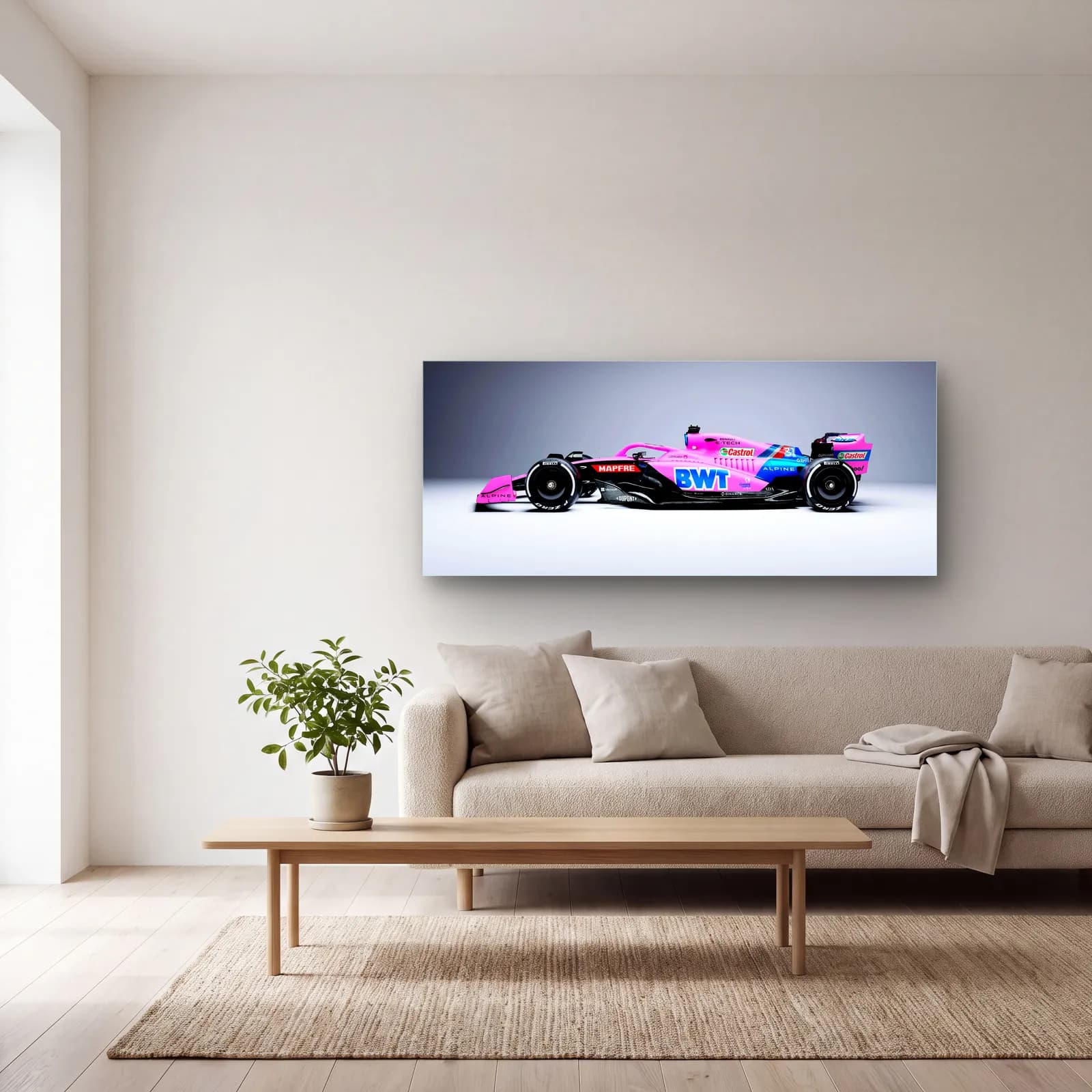 Pembe Alpine F1 Yan Profil cam tablo — açık renk salonda