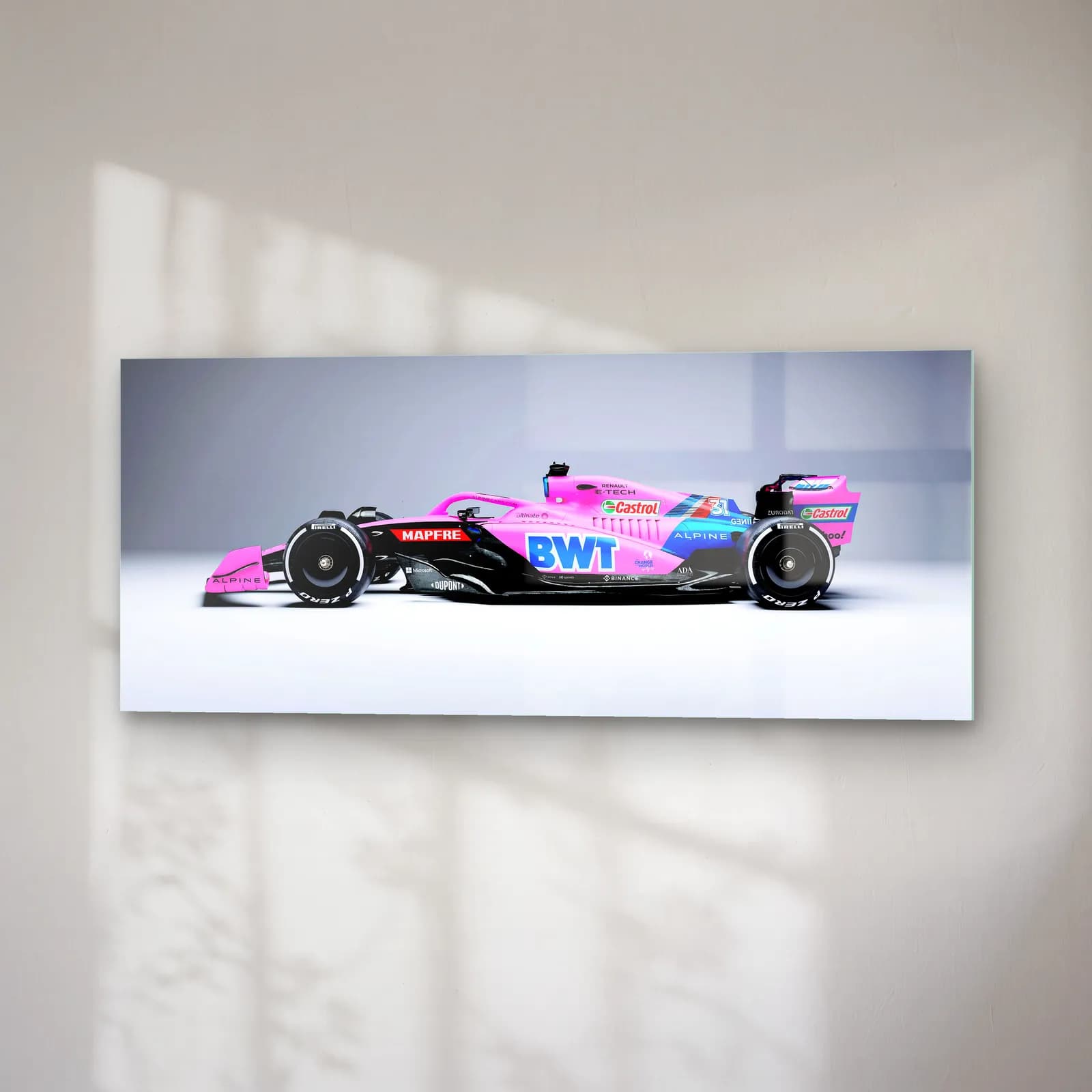 Pembe Alpine F1 Yan Profil cam tablo — sağ açıdan görünüm