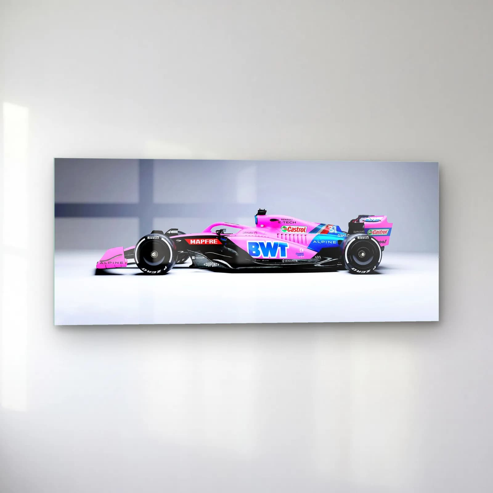Pembe Alpine F1 Yan Profil cam tablo — sol açıdan görünüm