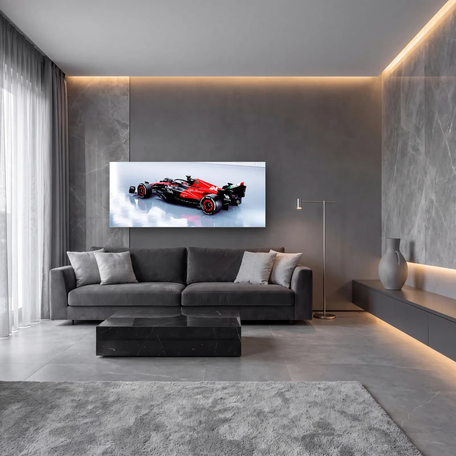 Parlak Stüdyoda Alfa Romeo F1 cam tablo — lüks salon duvarında