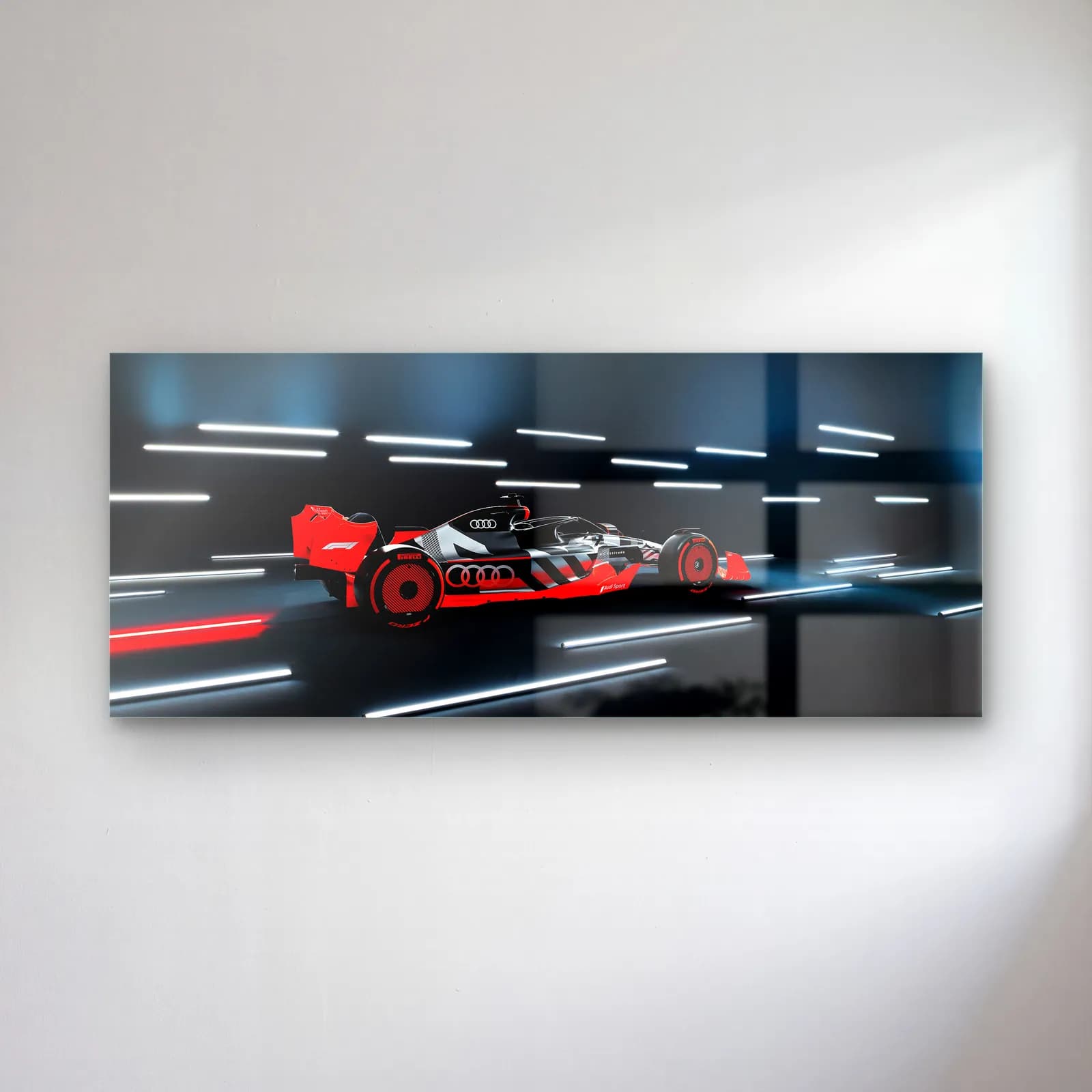 Işık Tünelinde Audi F1 cam tablo — Işık çizgili tünelde yandan görülen kırmızı siyah Audi F1 aracı