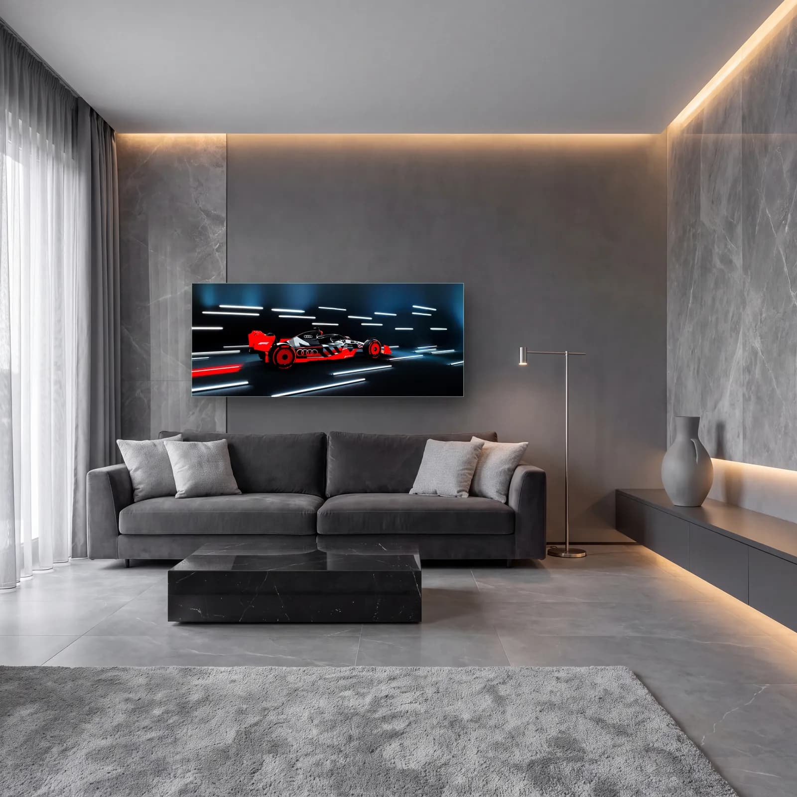 Işık Tünelinde Audi F1 cam tablo — lüks salon duvarında