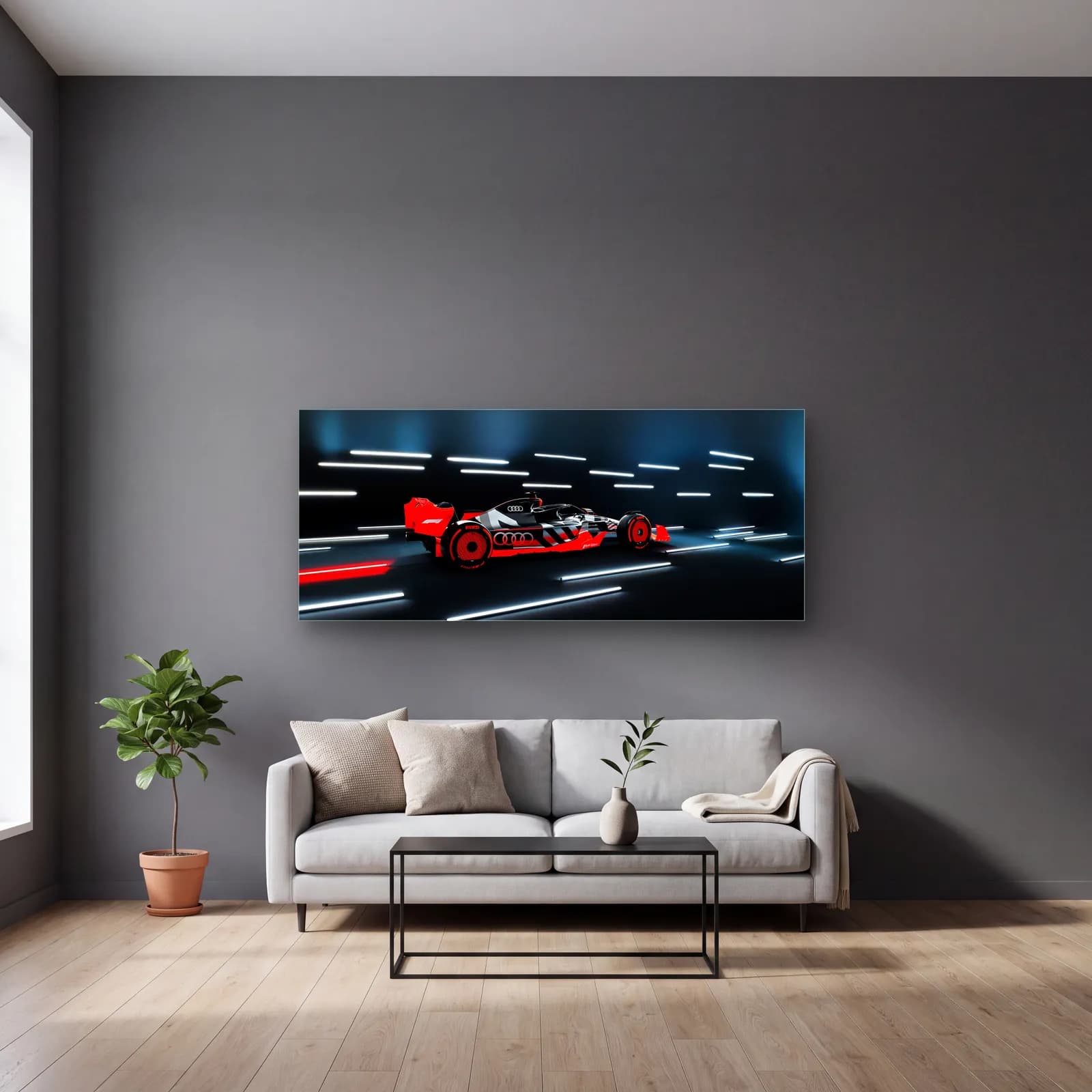 Işık Tünelinde Audi F1 cam tablo — gri duvarlı salonda