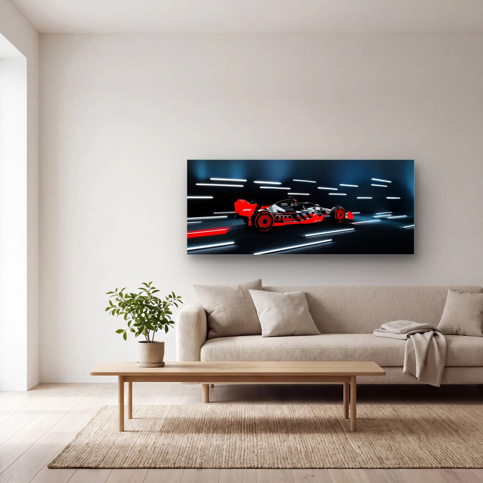 Işık Tünelinde Audi F1 cam tablo — açık renk salonda