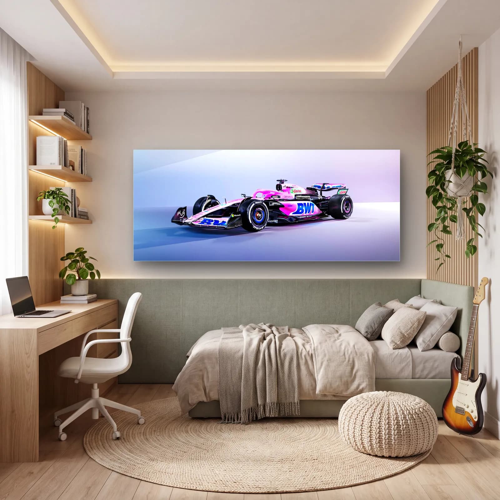 Mor Işıkta Alpine F1 Açılı cam tablo — genç odasında