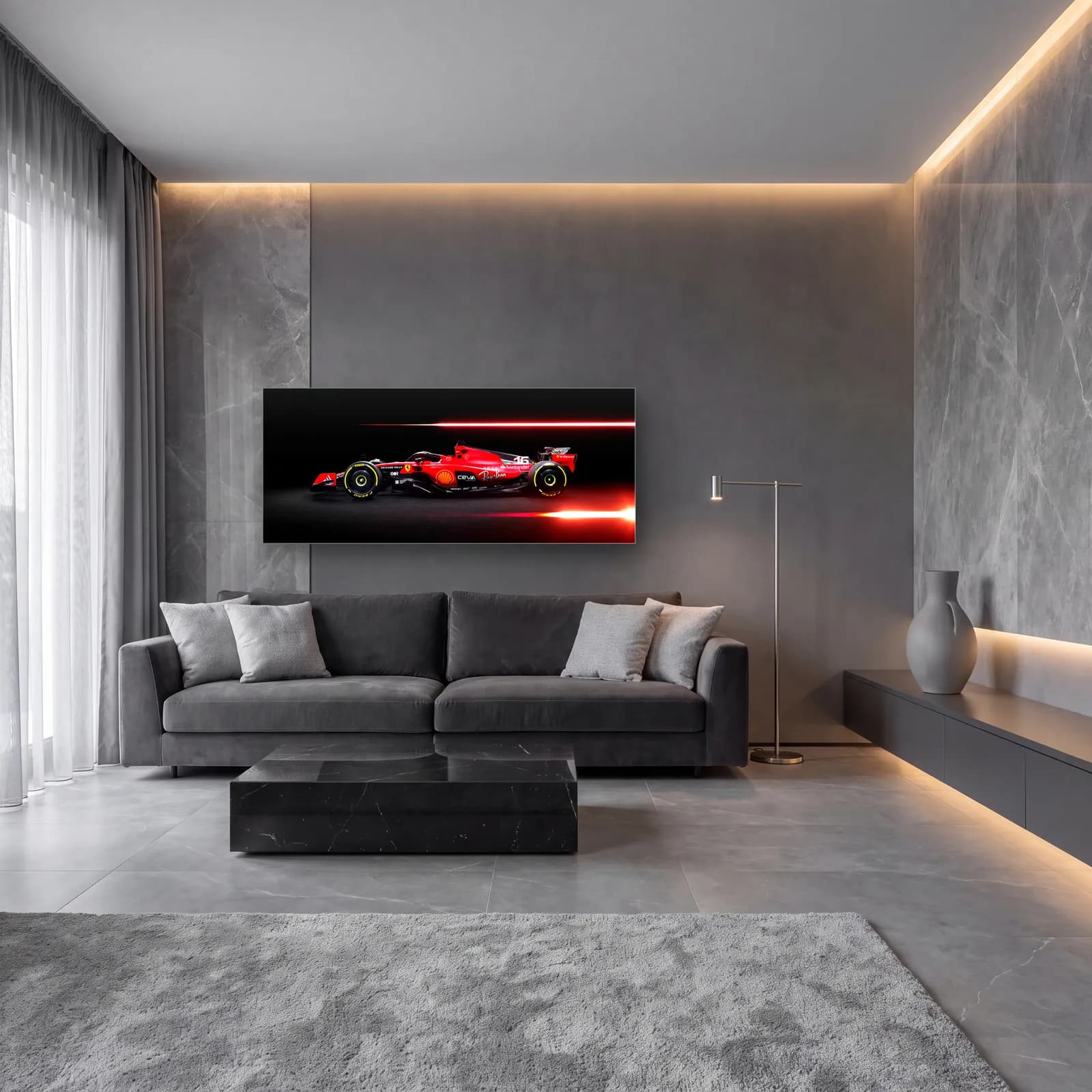 Kırmızı Işık Çizgili Ferrari F1 cam tablo — lüks salon duvarında