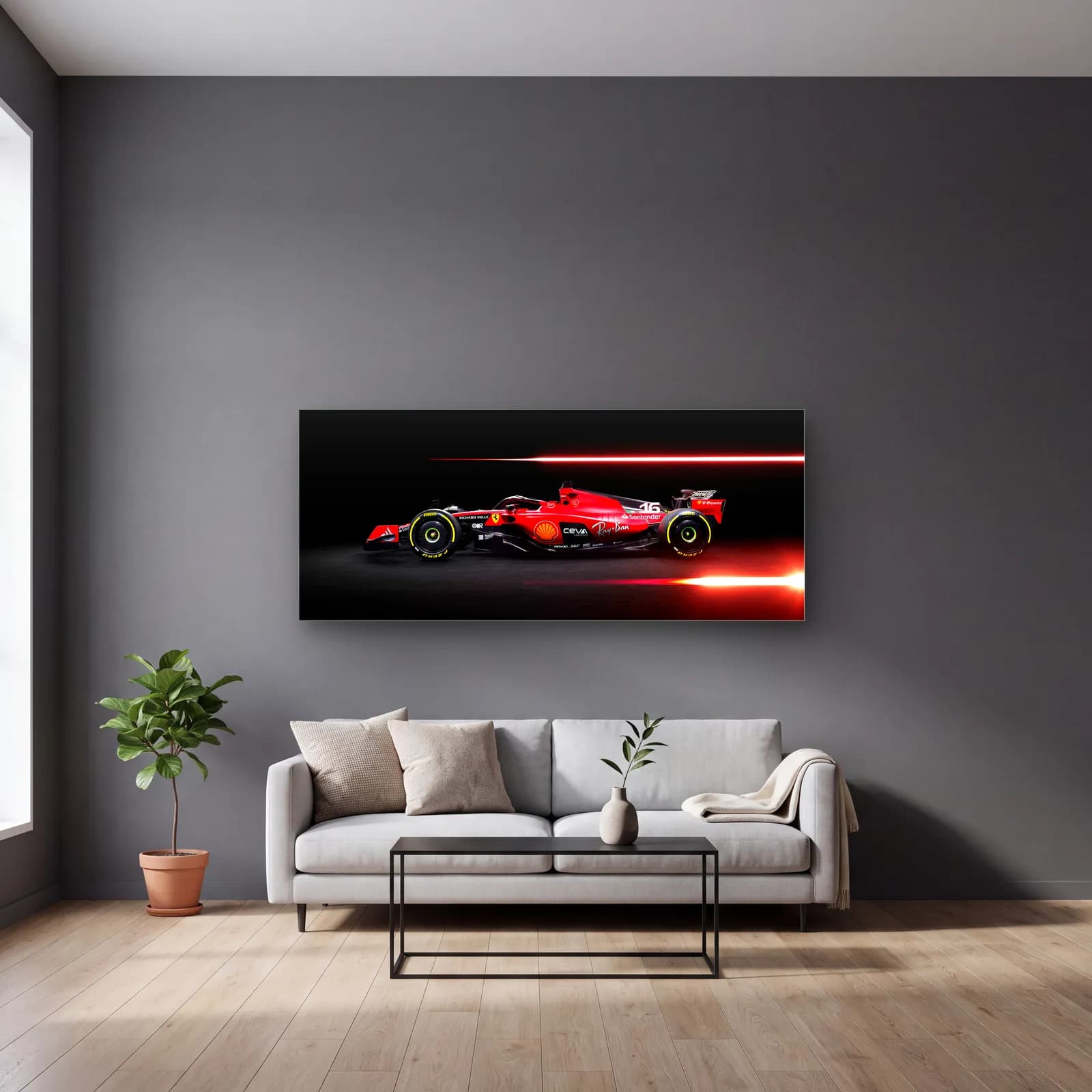 Kırmızı Işık Çizgili Ferrari F1 cam tablo — gri duvarlı salonda