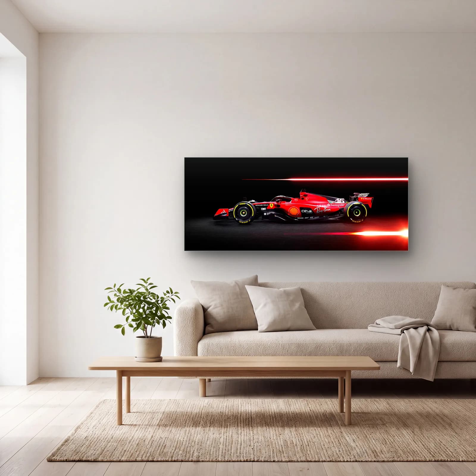Kırmızı Işık Çizgili Ferrari F1 cam tablo — açık renk salonda