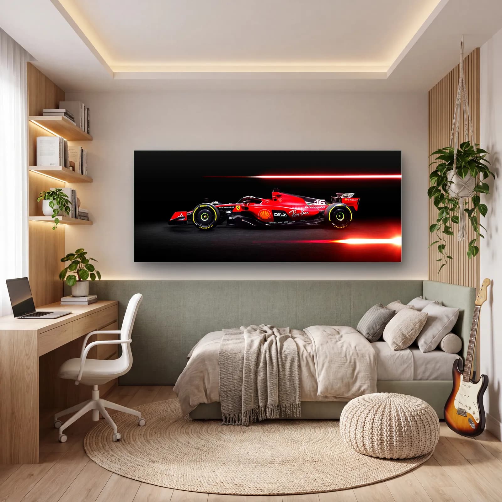 Kırmızı Işık Çizgili Ferrari F1 cam tablo — genç odasında