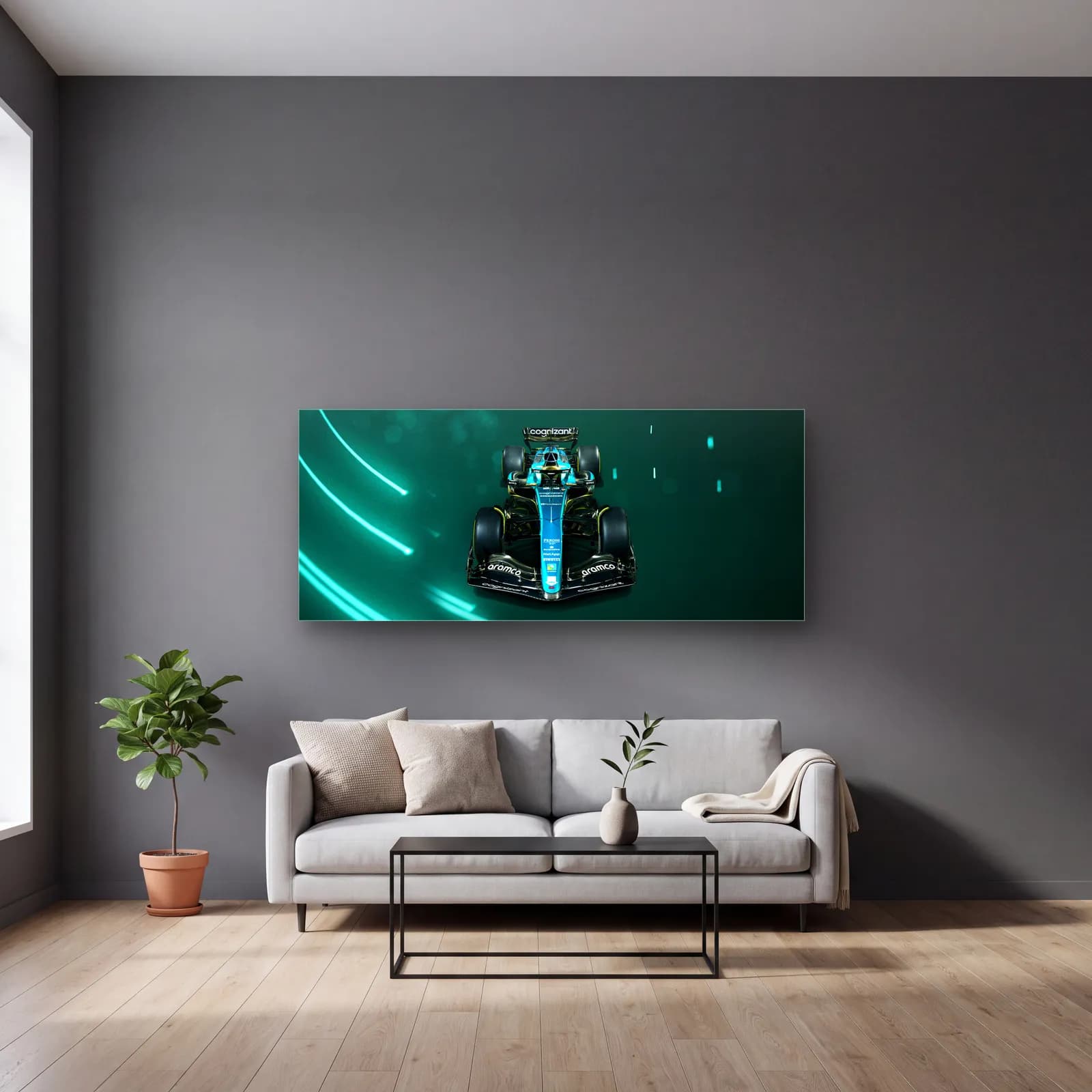 Önden Aston Martin F1 Neon cam tablo — gri duvarlı salonda