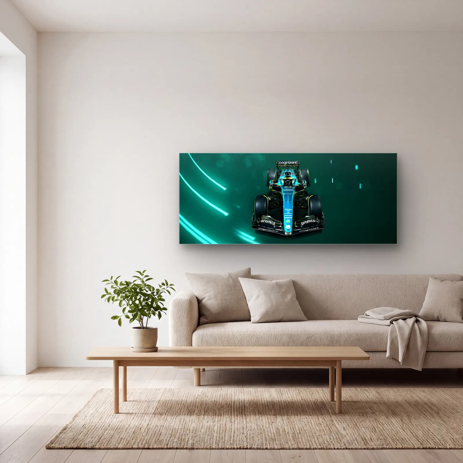 Önden Aston Martin F1 Neon cam tablo — açık renk salonda