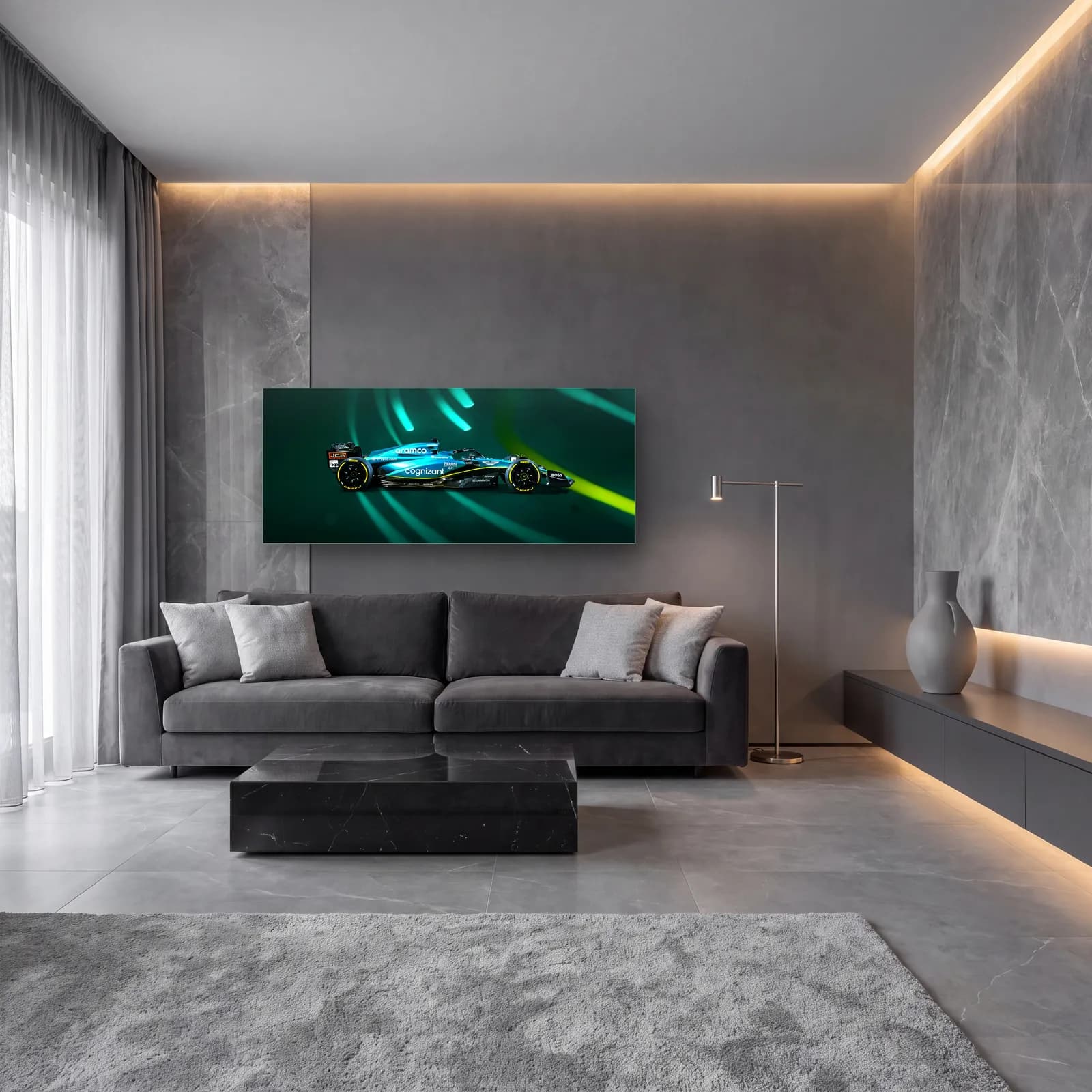 Aston Martin F1 Yan Profil cam tablo — lüks salon duvarında