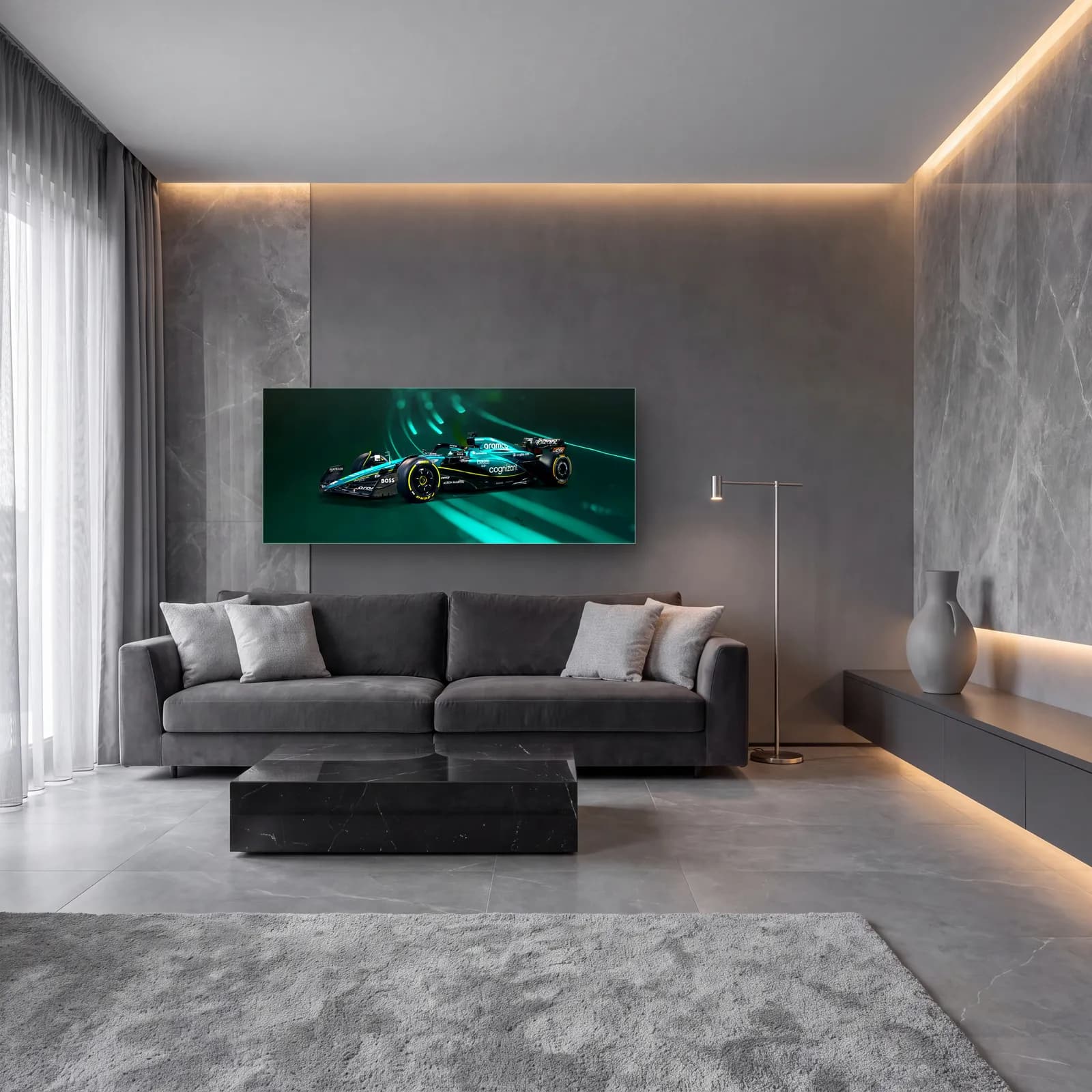 Aston Martin F1 Açılı Neon cam tablo — lüks salon duvarında