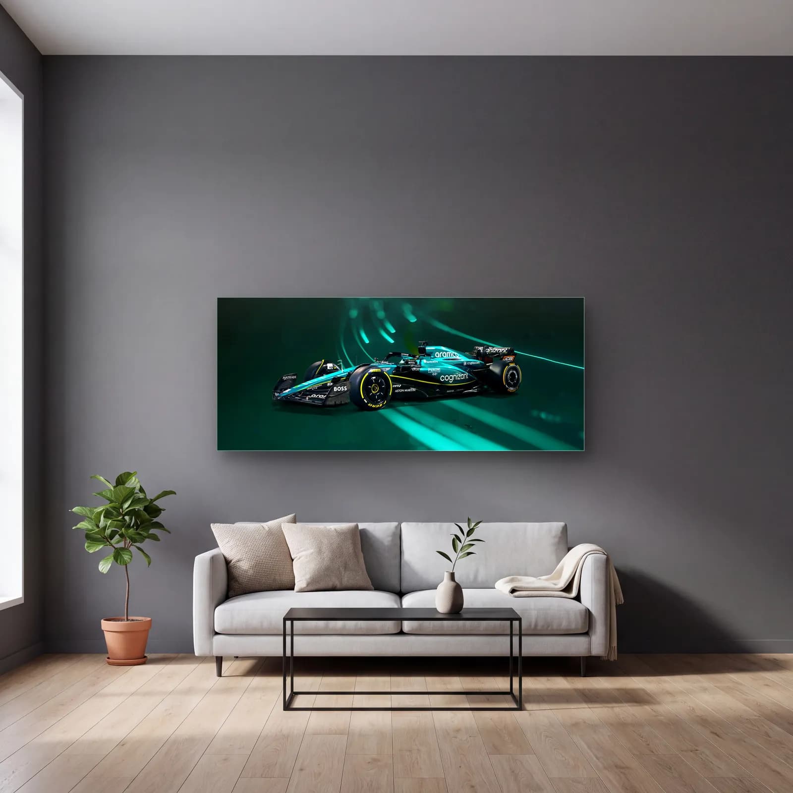 Aston Martin F1 Açılı Neon cam tablo — gri duvarlı salonda