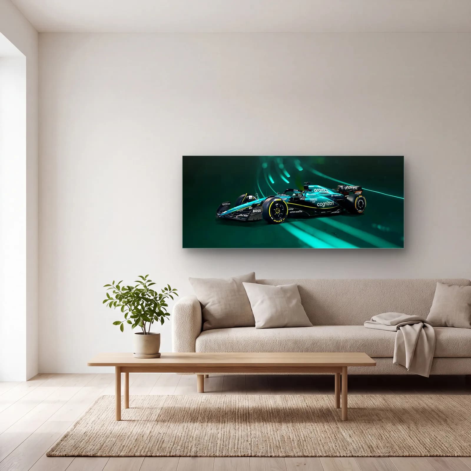 Aston Martin F1 Açılı Neon cam tablo — açık renk salonda