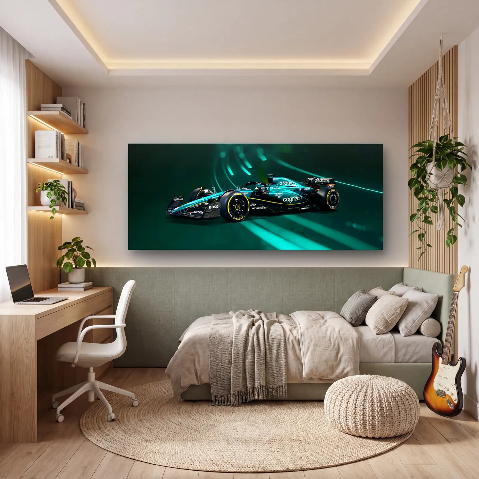 Aston Martin F1 Açılı Neon cam tablo — genç odasında