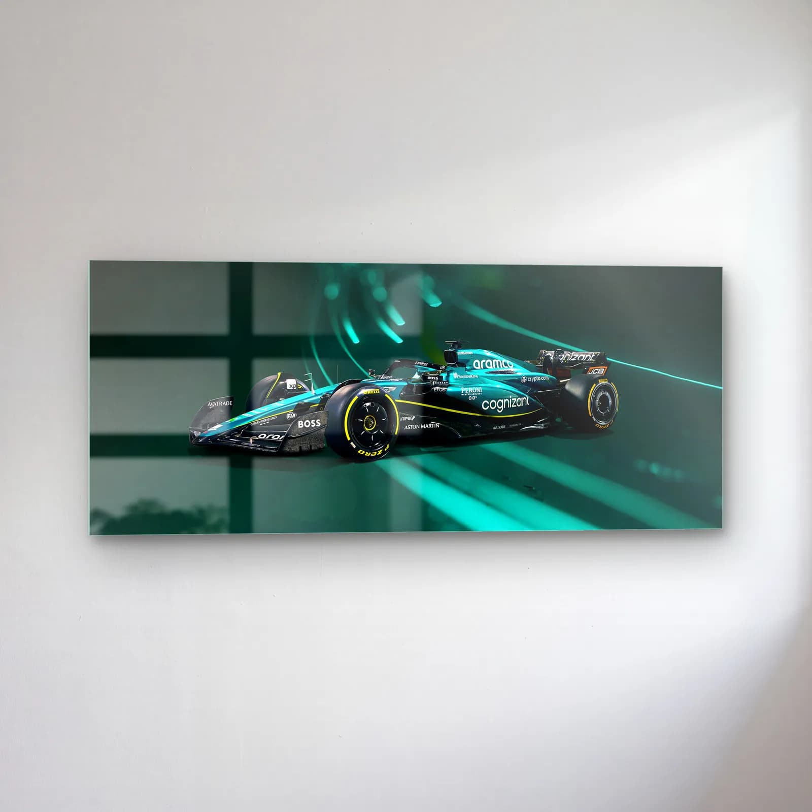Aston Martin F1 Açılı Neon cam tablo — sol açıdan görünüm