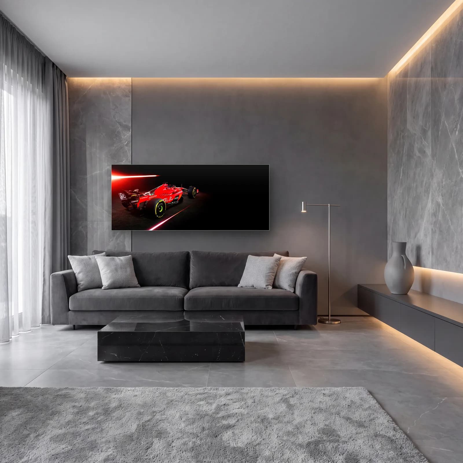Kırmızı Işık Hüzmesinde Ferrari cam tablo — lüks salon duvarında