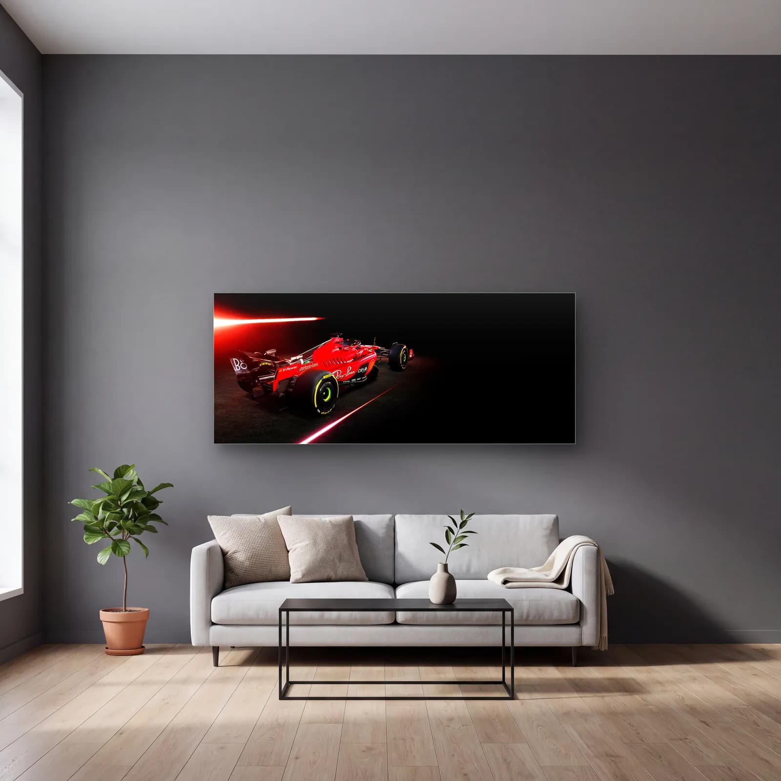 Kırmızı Işık Hüzmesinde Ferrari cam tablo — gri duvarlı salonda