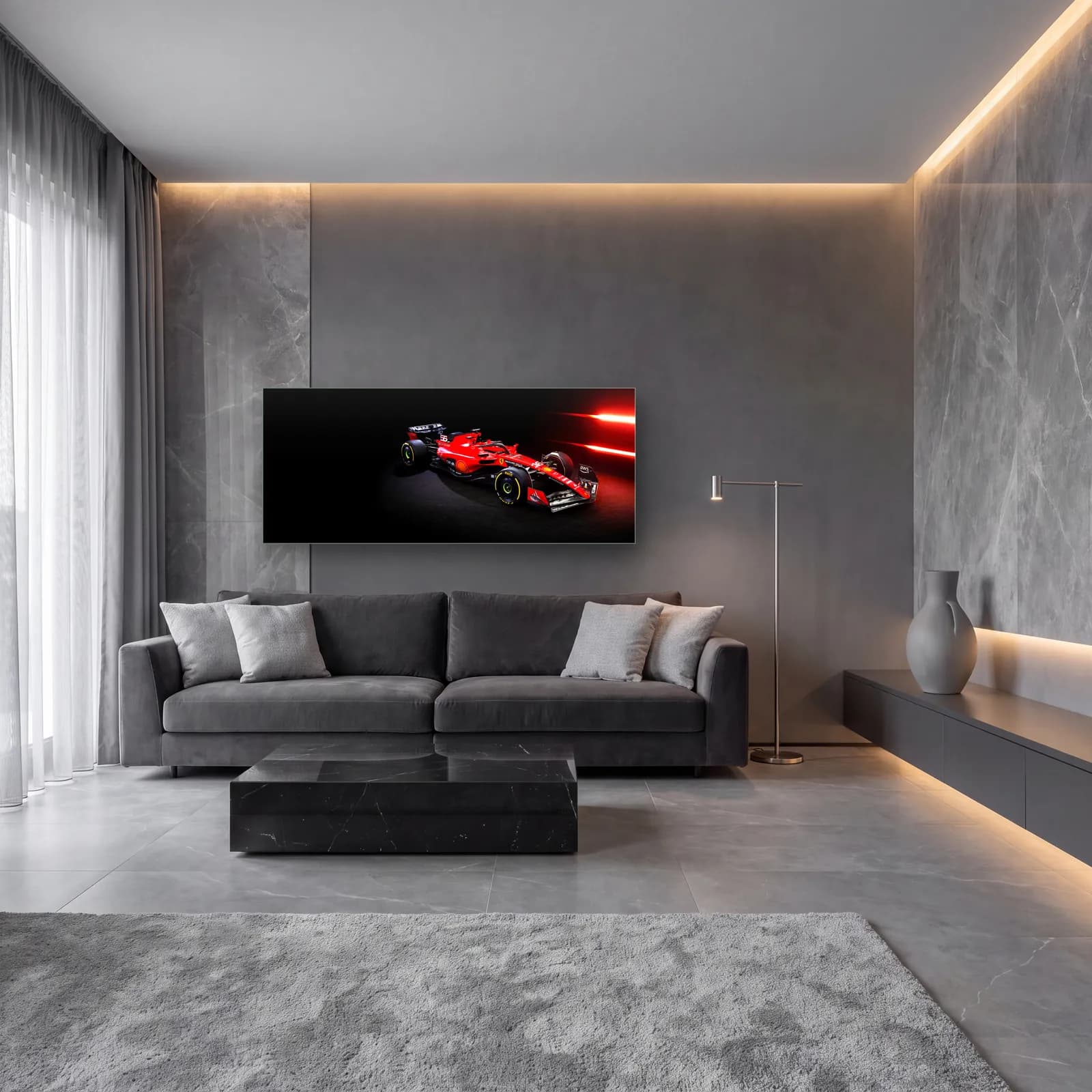 Arka Açıdan Ferrari F1 Karanlık cam tablo — lüks salon duvarında