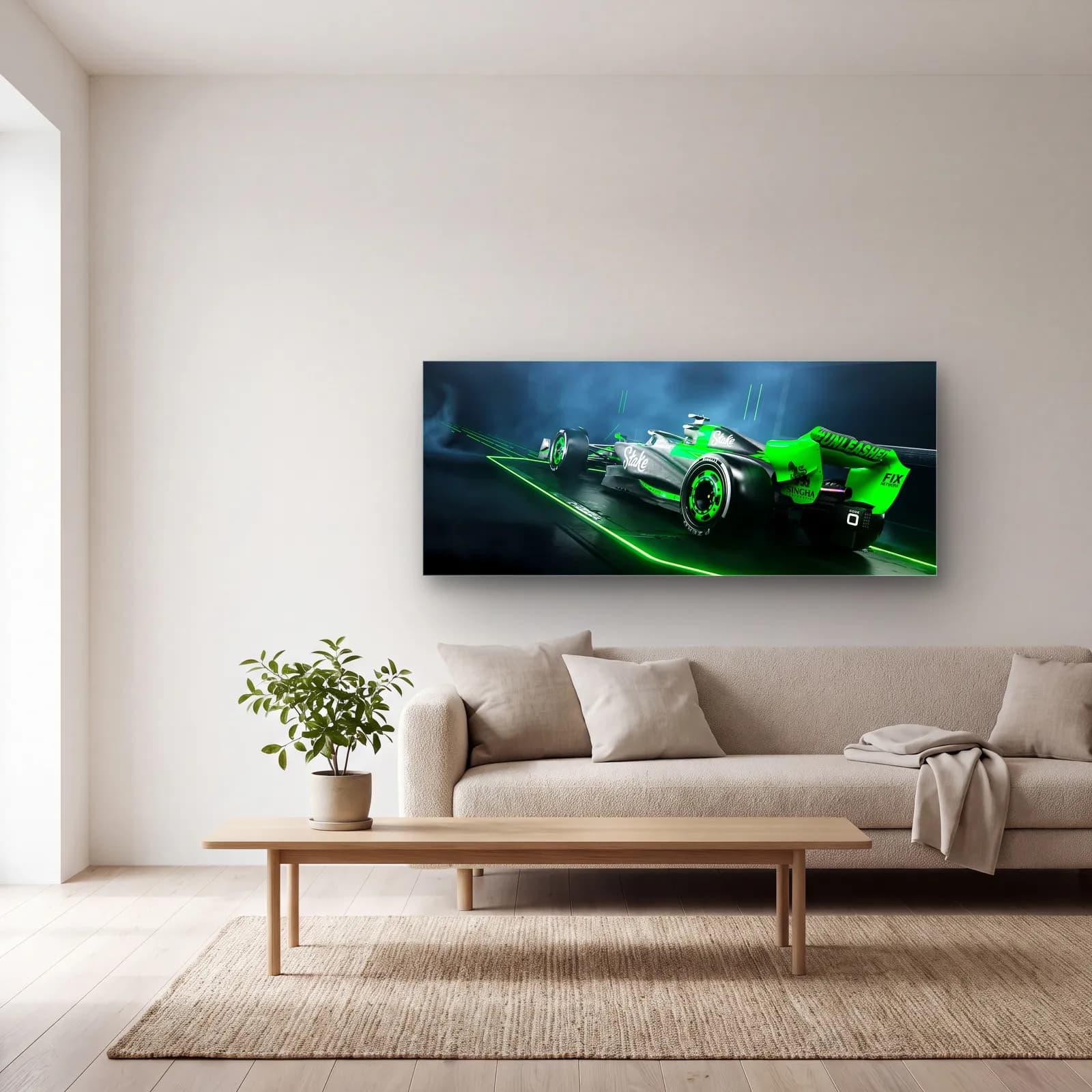 Neon Yeşil Sauber F1 Açılı cam tablo — açık renk salonda