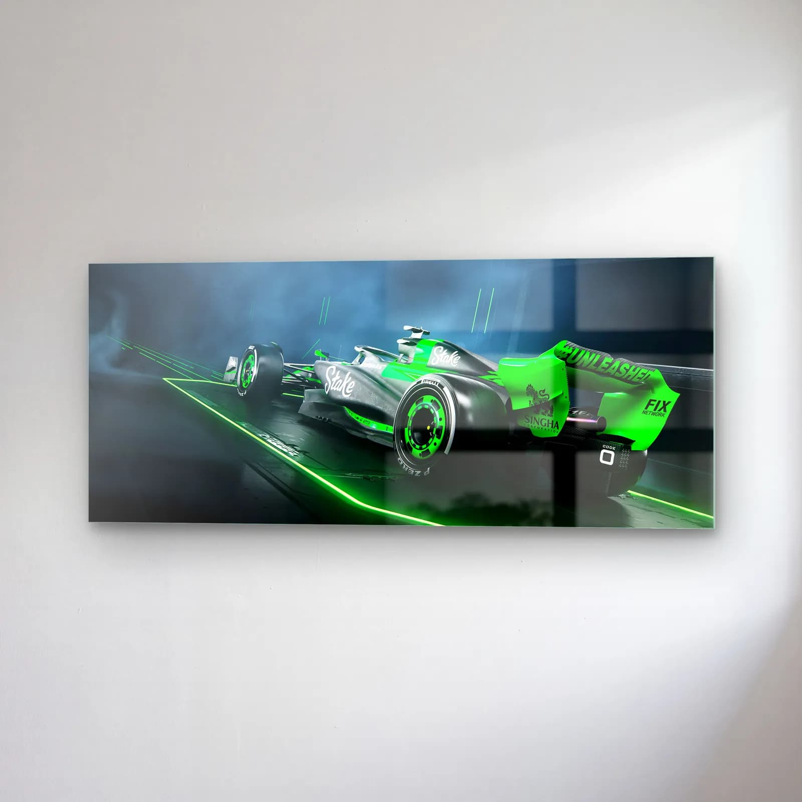 Neon Yeşil Sauber F1 Açılı cam tablo — sağ açıdan görünüm