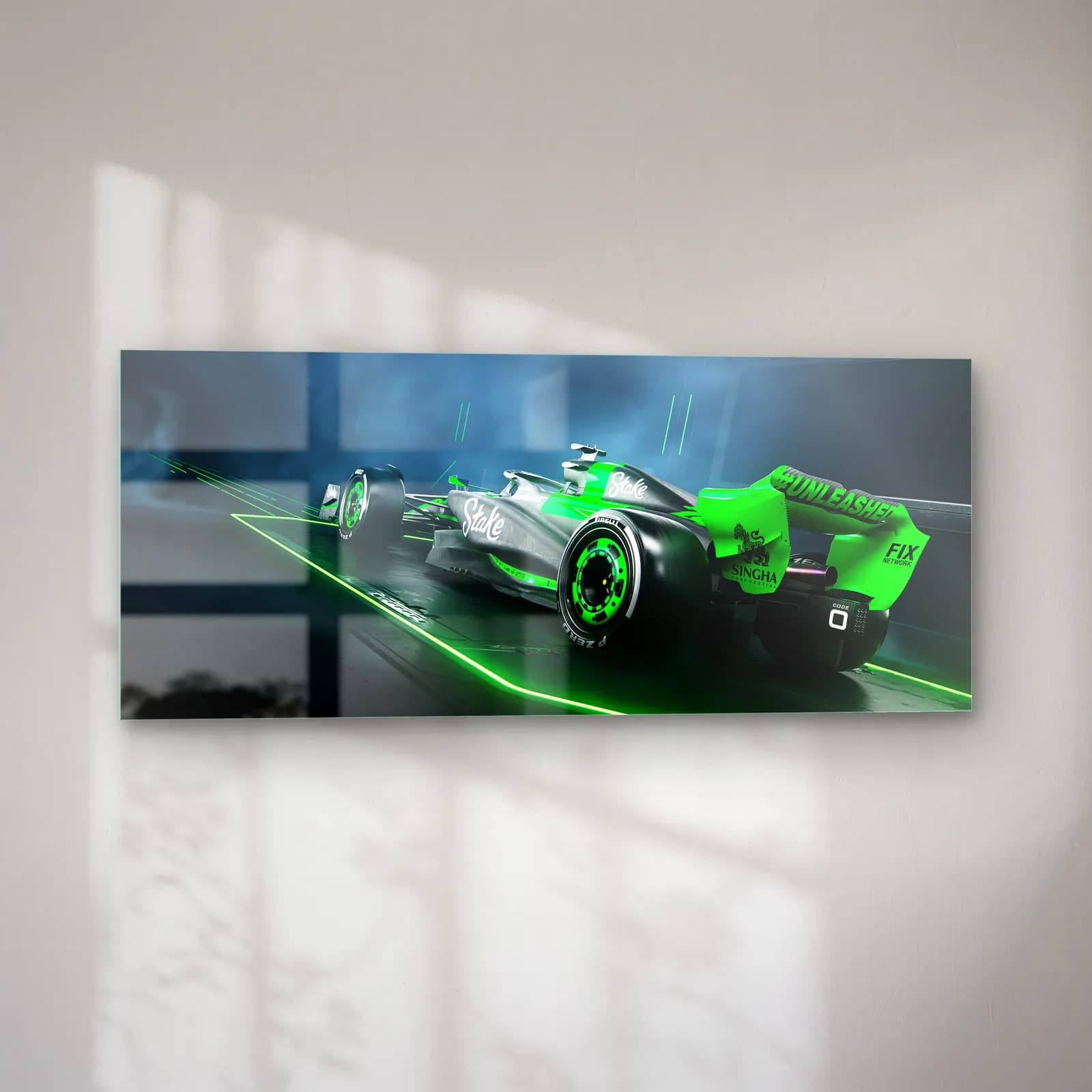 Neon Yeşil Sauber F1 Açılı cam tablo — sol açıdan görünüm