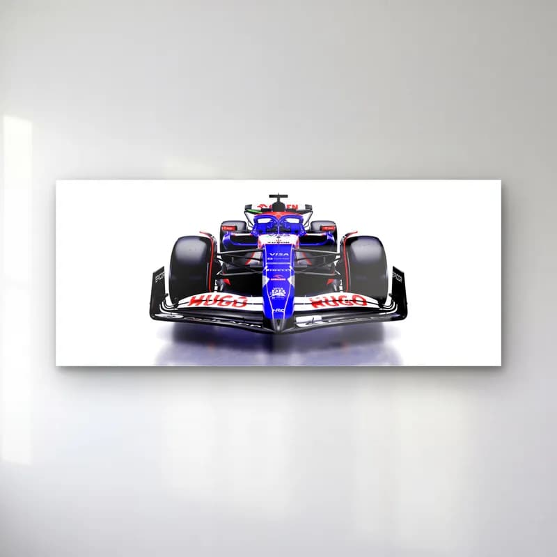 Önden RB F1 Aracı cam tablo — Beyaz zeminde önden görülen mavi beyaz RB F1 aracı