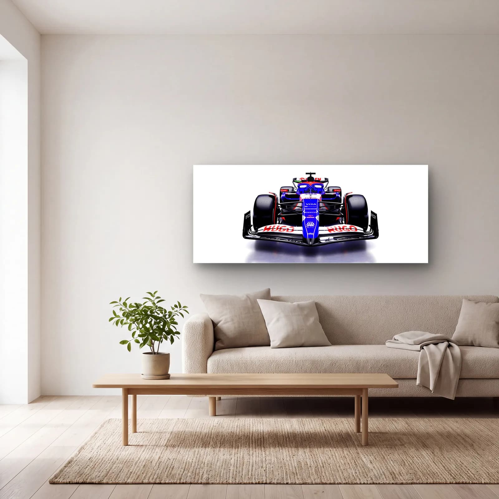 Önden RB F1 Aracı cam tablo — açık renk salonda