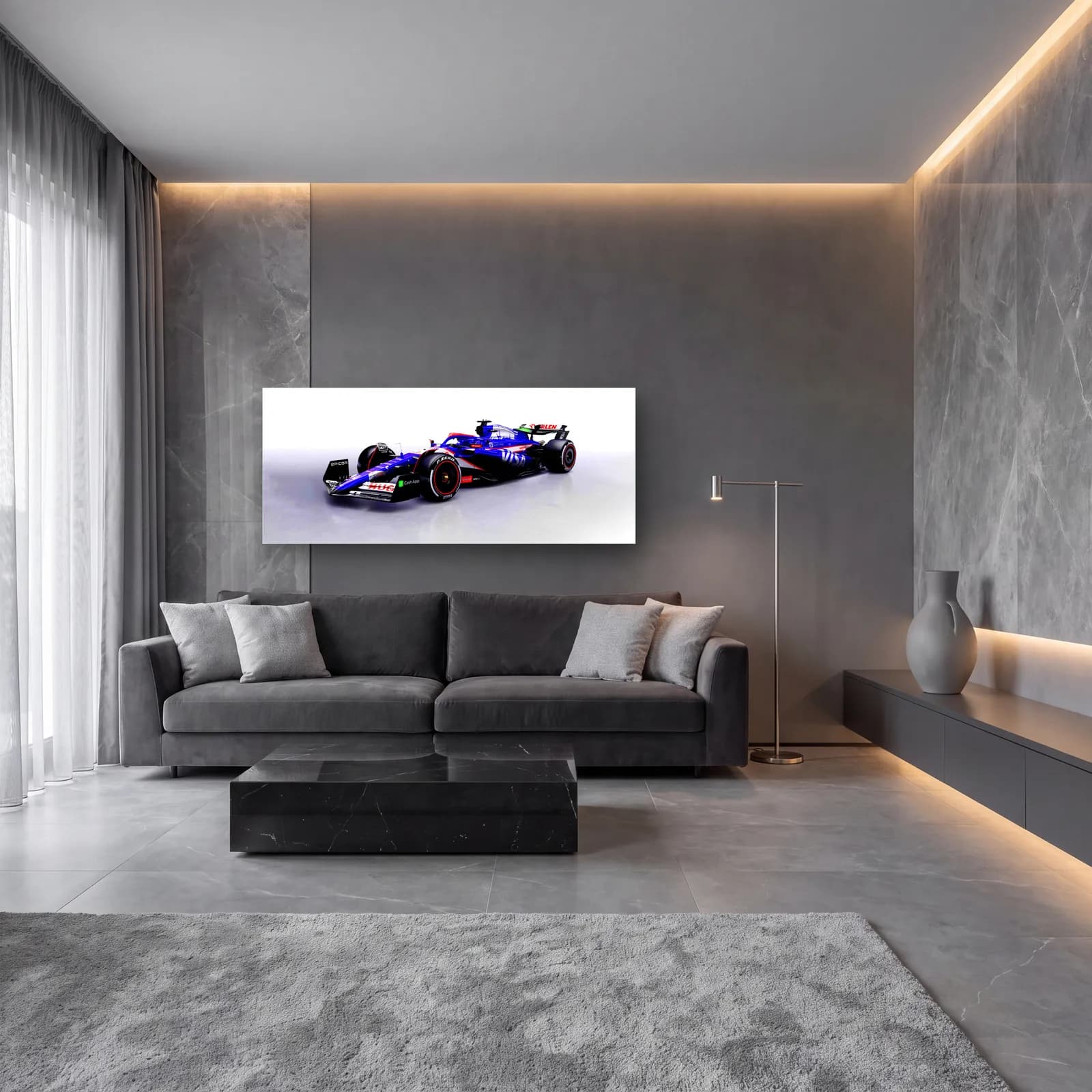 RB F1 Açılı Stüdyo Sol cam tablo — lüks salon duvarında